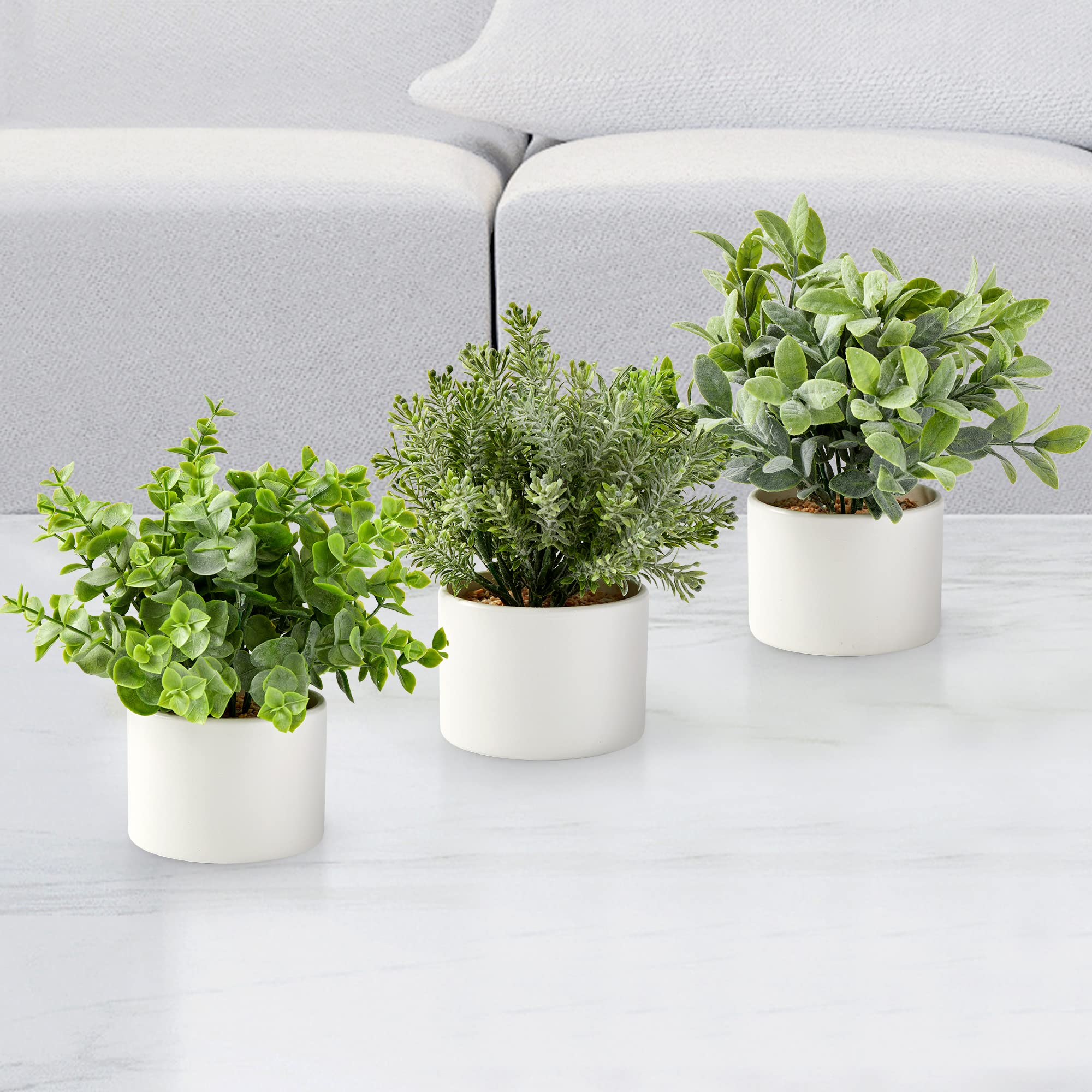 SEEKO 3 Pack Artificial Succulent Plants - Small Fake Eucalyptus Potted Greenery for Home, Office, Desk, Dorm & Laundry Room Decor - Perfect for Table Centerpieces, Shelf Displays & Bathroom Styling