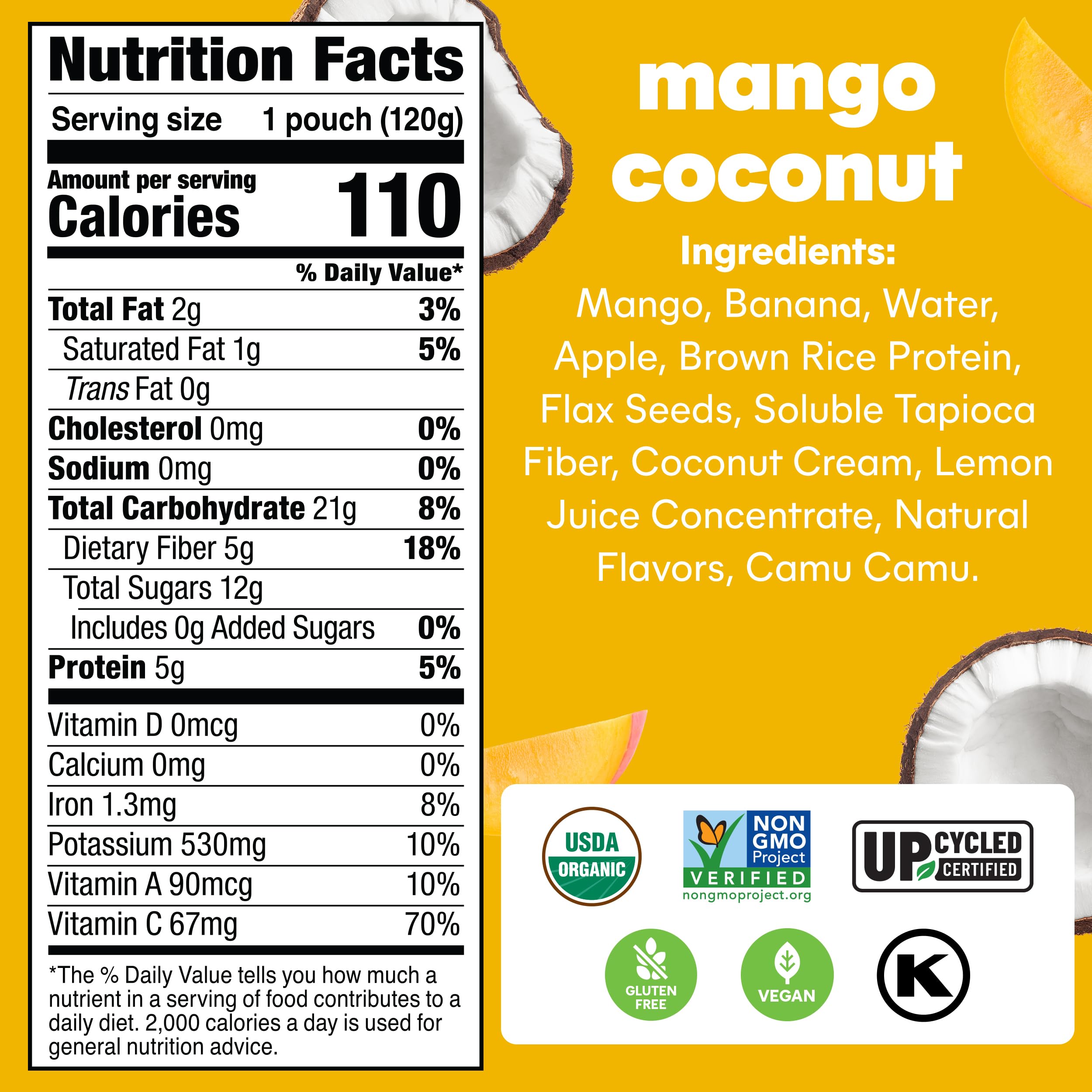 Organic Noka Superfood Fruit Smoothie Pouches - Mango Coconut Flavor, Vegan & Gluten Free Snacks with Flax Seed, Plant Protein & Prebiotic Fiber, Healthy On-the-Go Snack (4.22 oz, 12 Count) - Perfect for Lunchboxes, Workouts & Outdoor Activities