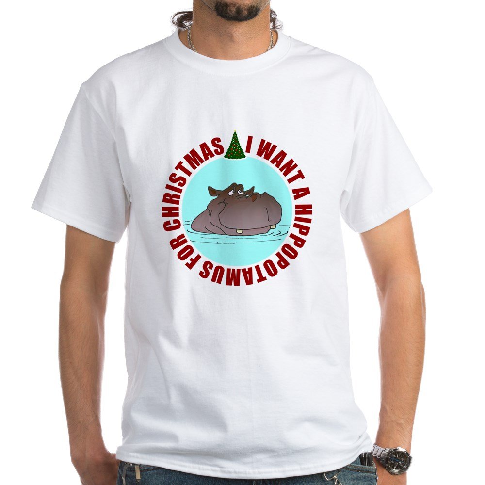Funny Hippo Christmas White Cotton T-Shirt for Men & Women - Perfect for Holiday Parties, Family Gatherings & Festive Gift Giving
