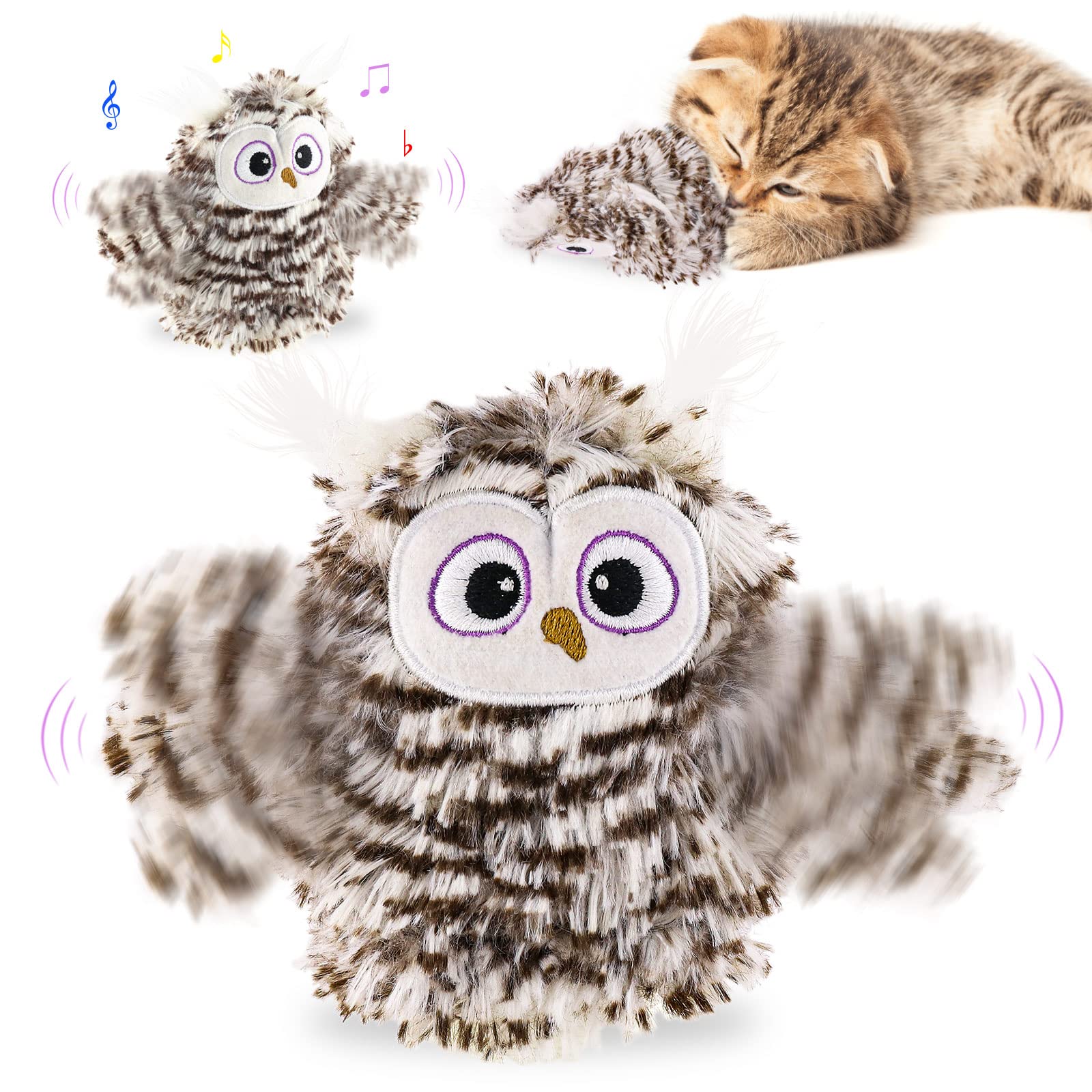 Interactive Flapping Wings Owl Cat Toys with Bird Sound & Catnip - Rechargeable 3 Vibration Modes Indoor Cat Toy for Boredom Prevention - Perfect for Playtime, Exercise & Mental Stimulation for Kittens & Adult Cats