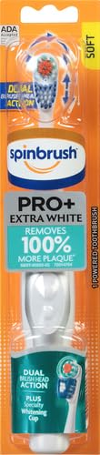 Spinbrush PRO+ Extra White Battery-Powered Toothbrush - Removes 100% More Plaque with Soft Bristles - Includes Batteries - Perfect for Travel & Daily Oral Care