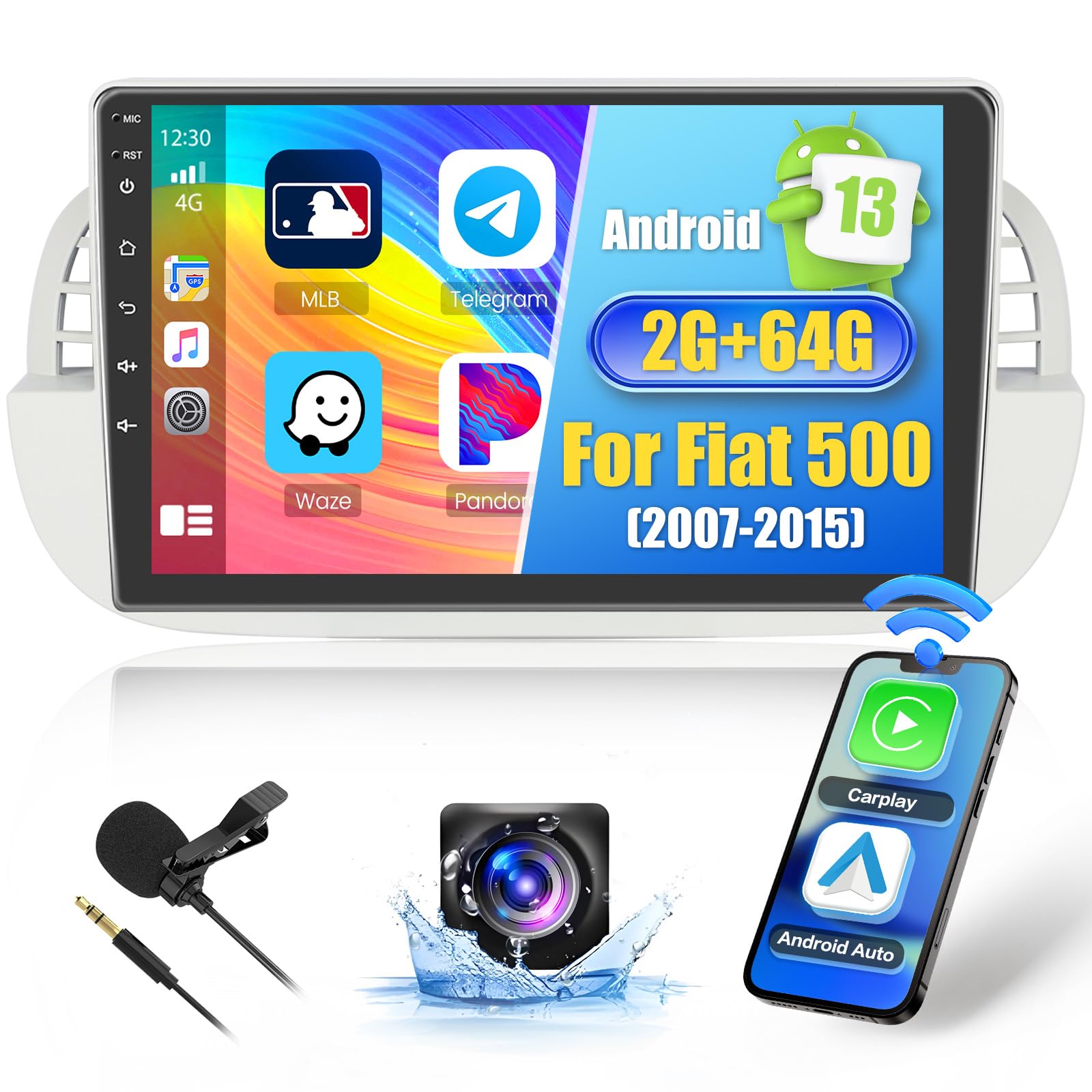 2+64GB Hikity Android 13 Wireless CarPlay Stereo for Fiat 500 2007-2015 - 9 Inch HD Touchscreen Car Radio with Android Auto, GPS Navigation, Bluetooth, FM RDS & Backup Camera - Perfect for Road Trips & Daily Commuting