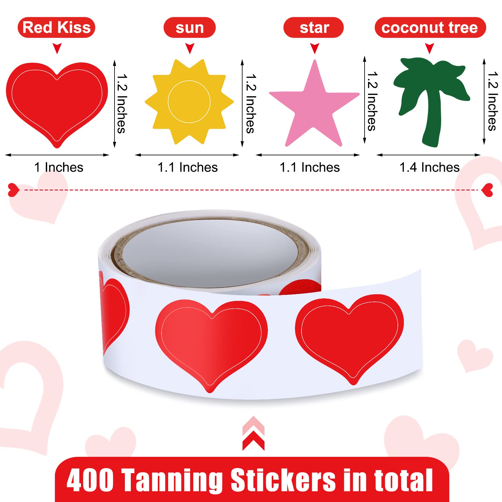 400 Pieces Tanning Bed Stickers - Heart & Funny Pattern Body Labels, Perforated Self-Adhesive Sun Stickers (1.2 x 0.8 Inches, 100/Roll) for Salon, Beach & UV Tanning Sessions