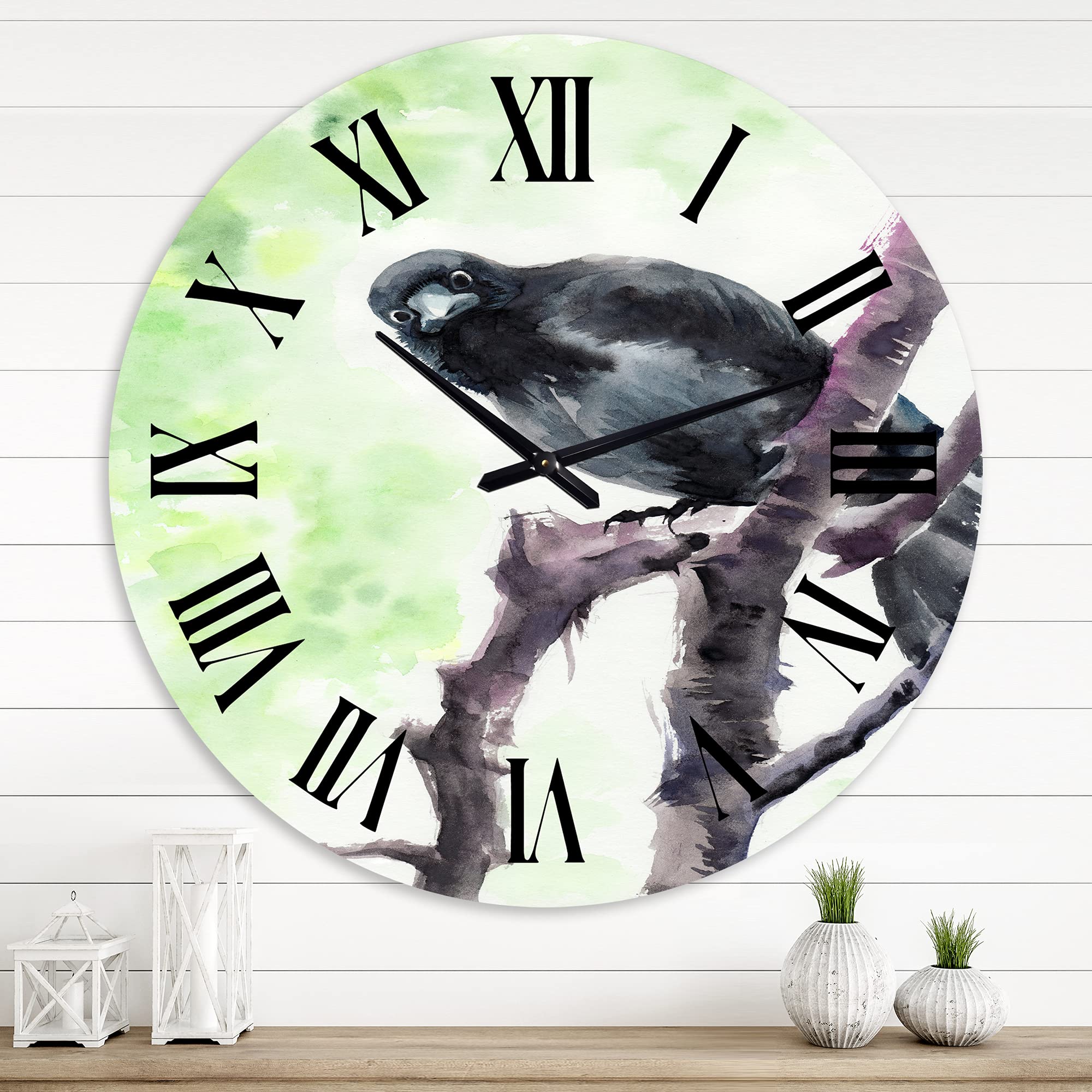 DesignQ Traditional Wall Clock 'Curious Crow On A Branch' - Large Animal Wall Clock for Kitchen, Living Room, Bedroom Decor - Perfect for Home, Office & Farmhouse Style Interiors
