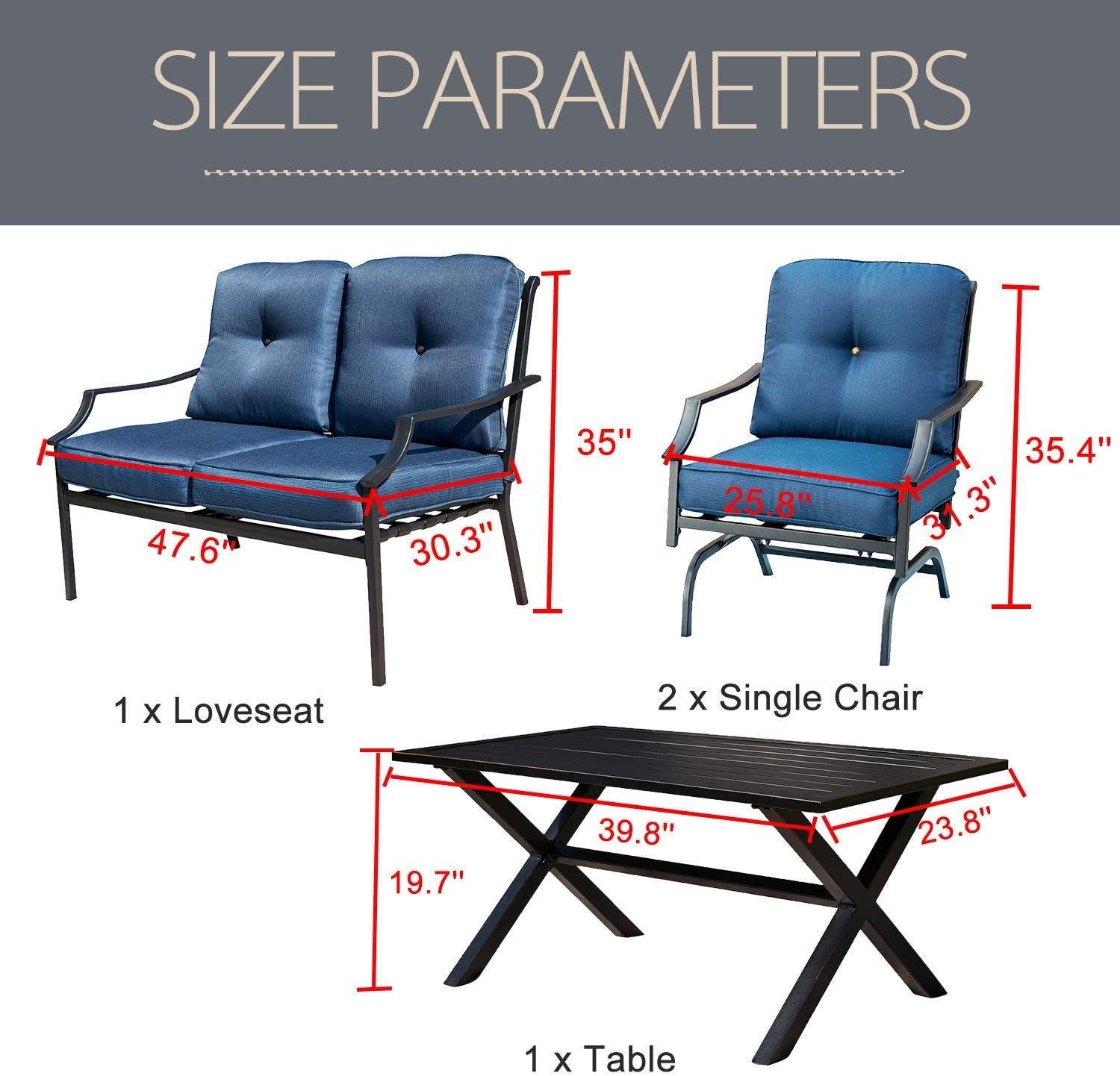4-Piece Outdoor Patio Furniture Set - All-Weather Cushioned Metal Chairs, Love Seat & Coffee Table - Blue Conversation Set for Poolside, Lawn, Garden & Backyard Relaxation
