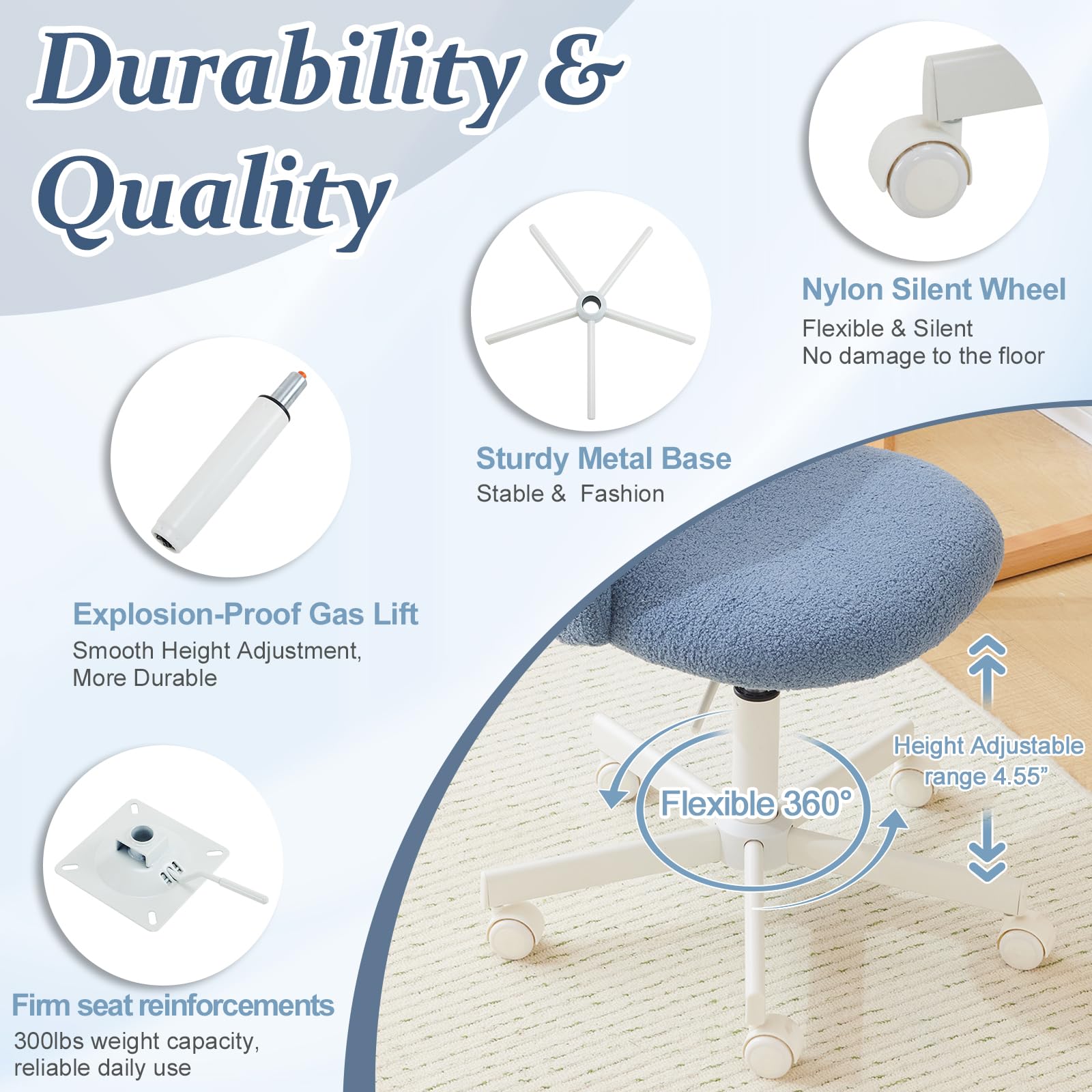 VINGLI Armless Cute Desk Chair with Wheels - Comfortable Small Office Chair, Adjustable Swivel Vanity Chair with Lumbar Support, Rolling Computer Task Chair for Home Office & Bedroom (Fog Blue) - Perfect for Gaming, Studying, and Workspace Ergonomics