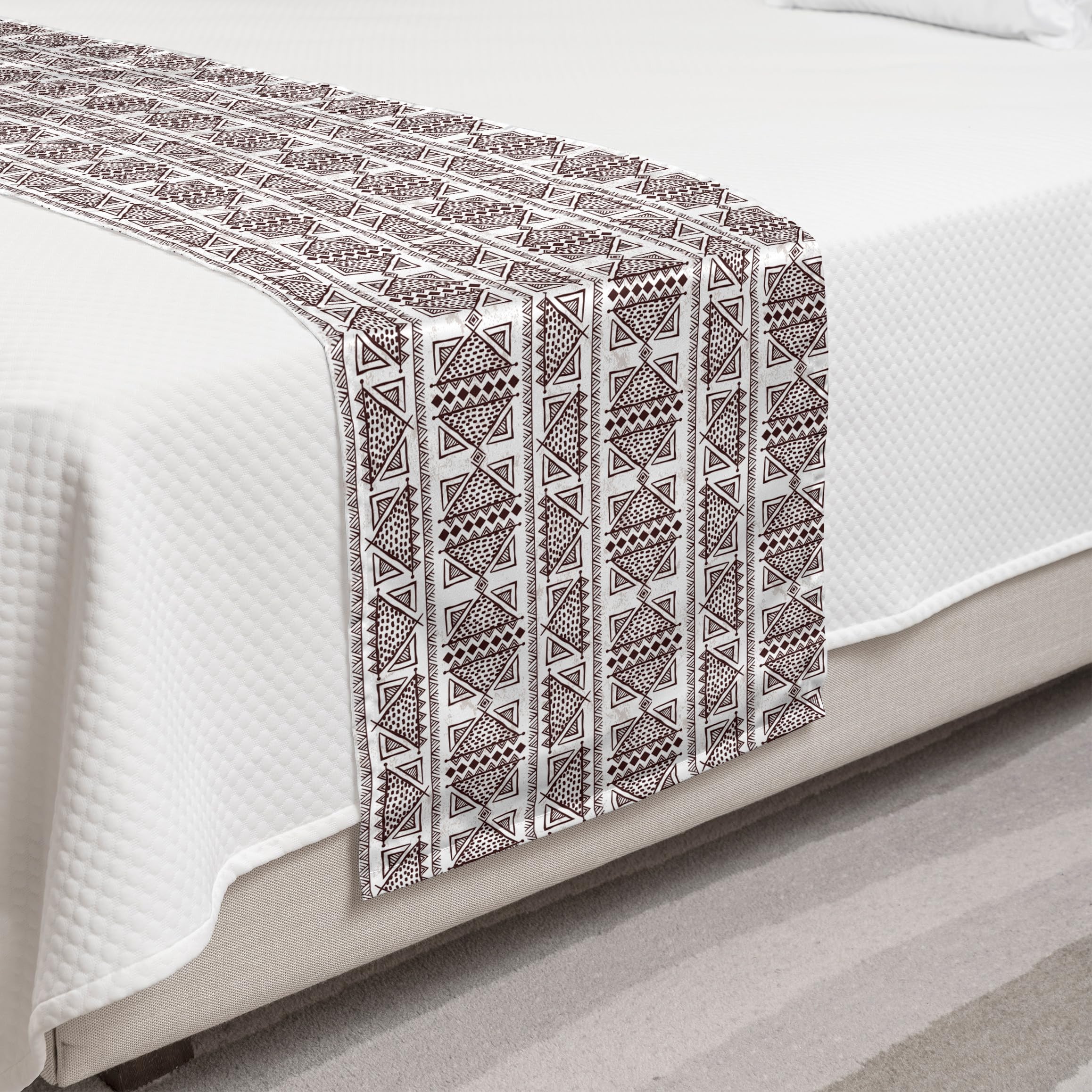 Ambesonne Handmade Ethnic Bed Runner - Vintage Oriental Motifs, Rustic Brown & White Decorative Bed Scarf for Home, Hotel & Guest Room Decor | Perfect for Boho Bedroom, Wedding Accent & Cozy Interior Design