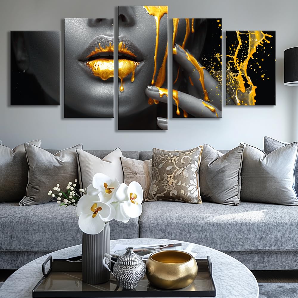 Abstract Black African People & Gold Glitter Wall Art Canvas Prints - Set of 5 Modern Artwork for Living Room, Bedroom, Office & Home Decor | Perfect for African-Themed Interiors & Contemporary Spaces