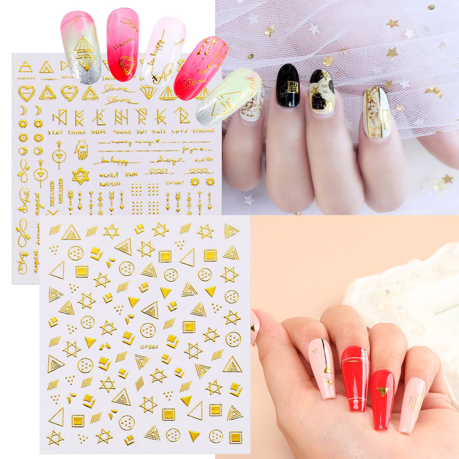 12 Sheets Gold Nail Art Stickers Set - Metallic Star, Heart, Moon & Flower Designs | 3D Self-Adhesive Nail Decals for DIY Manicure & Nail Decoration | Perfect for Parties, Weddings & Special Occasions