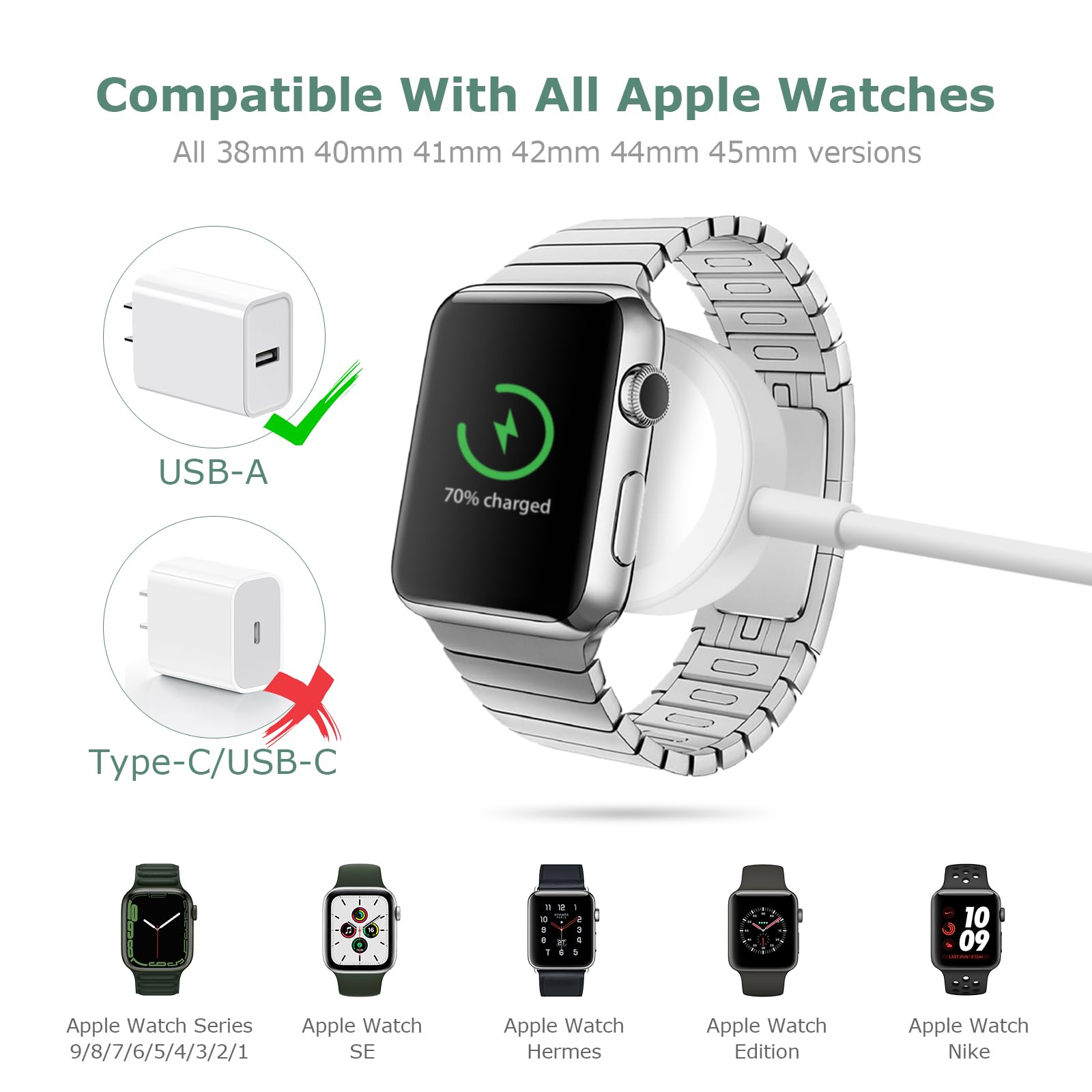 Premium 3.3ft Magnetic Wireless Charger for Apple Watch - Fast Charging Cable Compatible with Series 9/8/7/6/SE/Ultra (Perfect for Travel, Gym & Nightstand Charging)