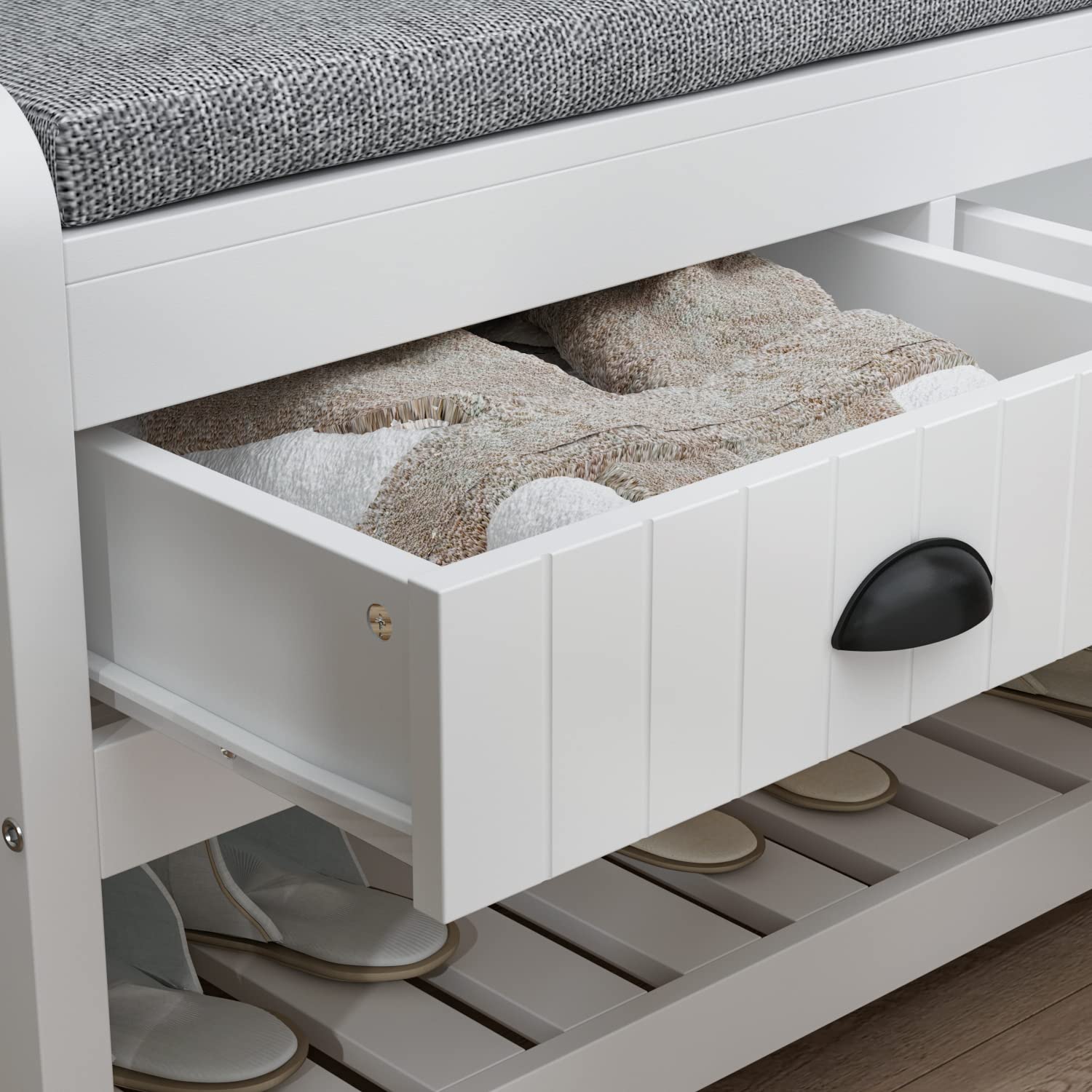 Homsee Modern Hall Tree with Storage Bench - 4-in-1 Entryway Organizer with Coat Rack, 4 Metal Double Hooks, Shelves & 2 Drawers - White Hallway Furniture for Living Room, Foyer & Entryway - Perfect for Storing Shoes, Coats & Home Decor