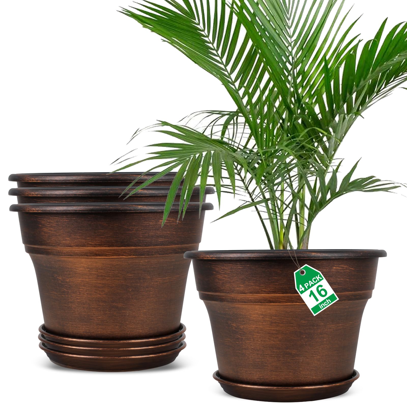 4-Pack 16 Inch Large Plastic Flower Pots for Indoor Plants with Drainage Holes & Saucers - Decorative Resin Planters for House, Garden, Outdoor Use - Perfect for Herbs, Succulents, Flowers & Home Decor