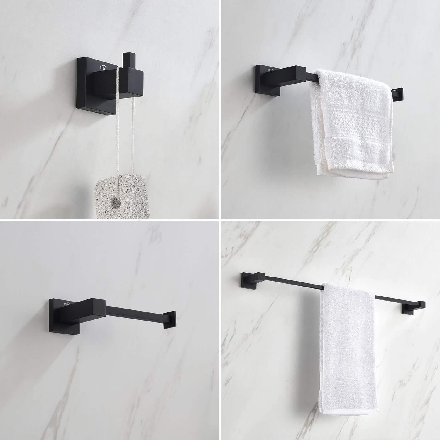 KIBI Cube 4-Piece Bathroom Hardware Set - Solid Brass Towel Bar, Towel Ring, Toilet Paper Holder & Robe Hooks | Matte Black Finish | Durable Bath Accessories for Modern Home & Luxury Hotel Style (C-KBA15-4) | Perfect for Bathroom, Spa & Guest Room Decor