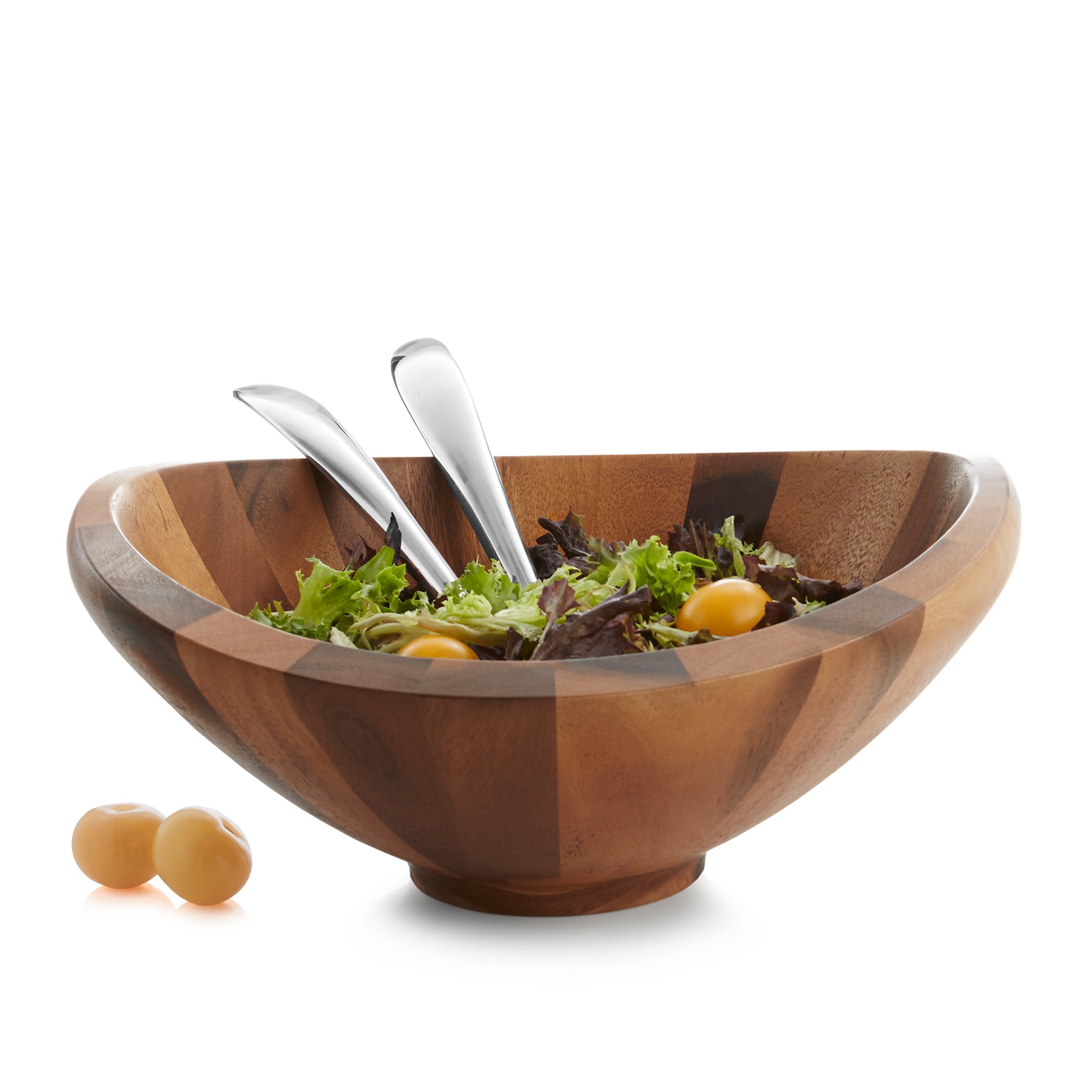 Nambe Butterfly Acacia Wood Salad Bowl Set with 2 Servers - 16-inch Large Deep Wooden Serving Bowl for Salads, Fruits & Entertaining | Durable Acacia Wood & Alloy Design by Sean O'Hara | Perfect for Dinner Parties, Picnics & Family Gatherings