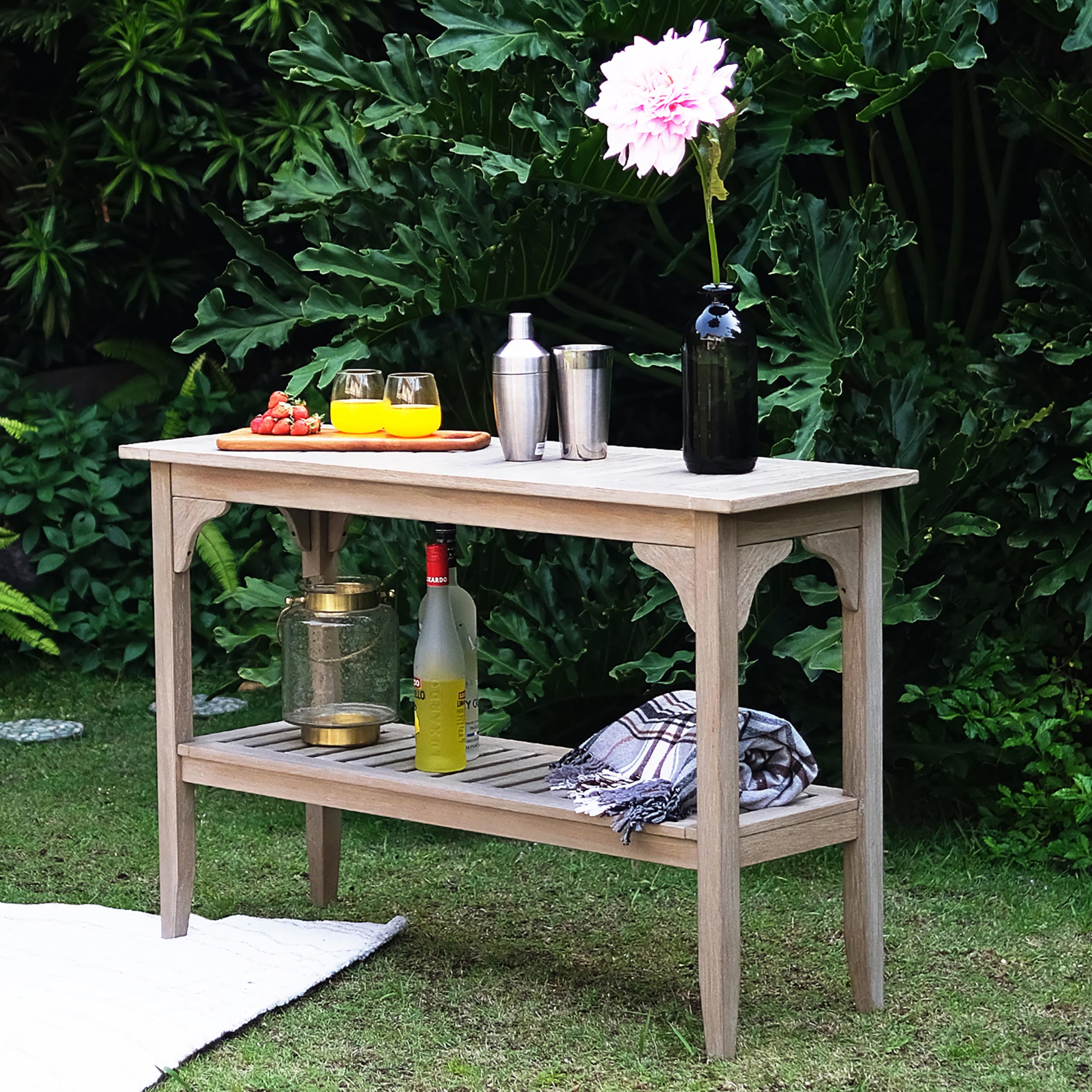 Cambridge Casual Indonesian Teak Auburn Outdoor Console Table – Weathered Gray Finish – Durable & Stylish Teak Wood Accent Plant Table for Patio, Deck, Porch – Perfect for Outdoor Entertaining, Garden Decor, and Balcony Furniture