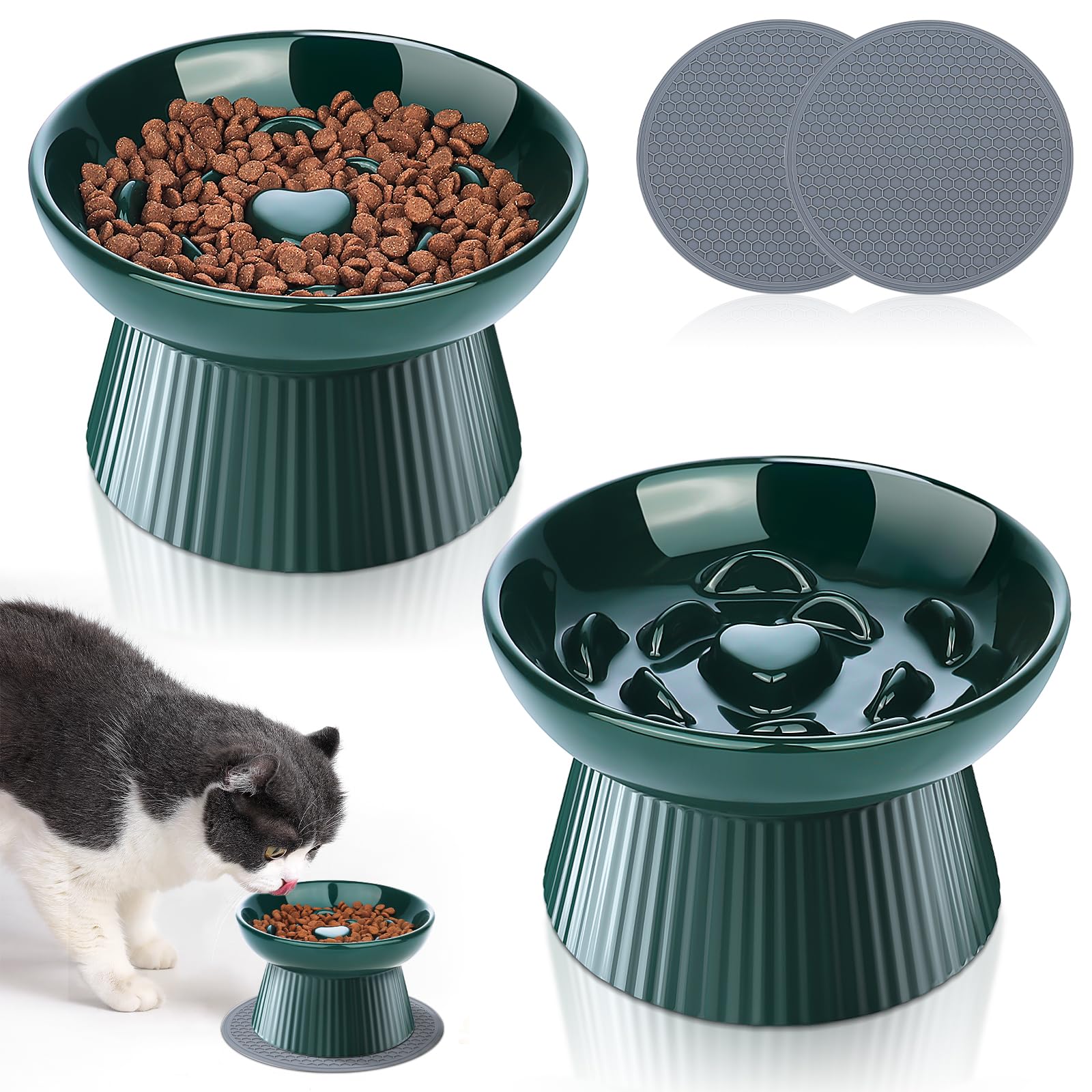 2 Pack Ceramic Raised Slow Feeder Cat Bowls - Elevated Pet Food Bowls for Indoor Cats & Small Dogs - Anti Vomiting Slow Feed Bowls for Dry & Wet Food - Durable Porcelain Design - Perfect for Mealtime Portion Control & Digestive Health
