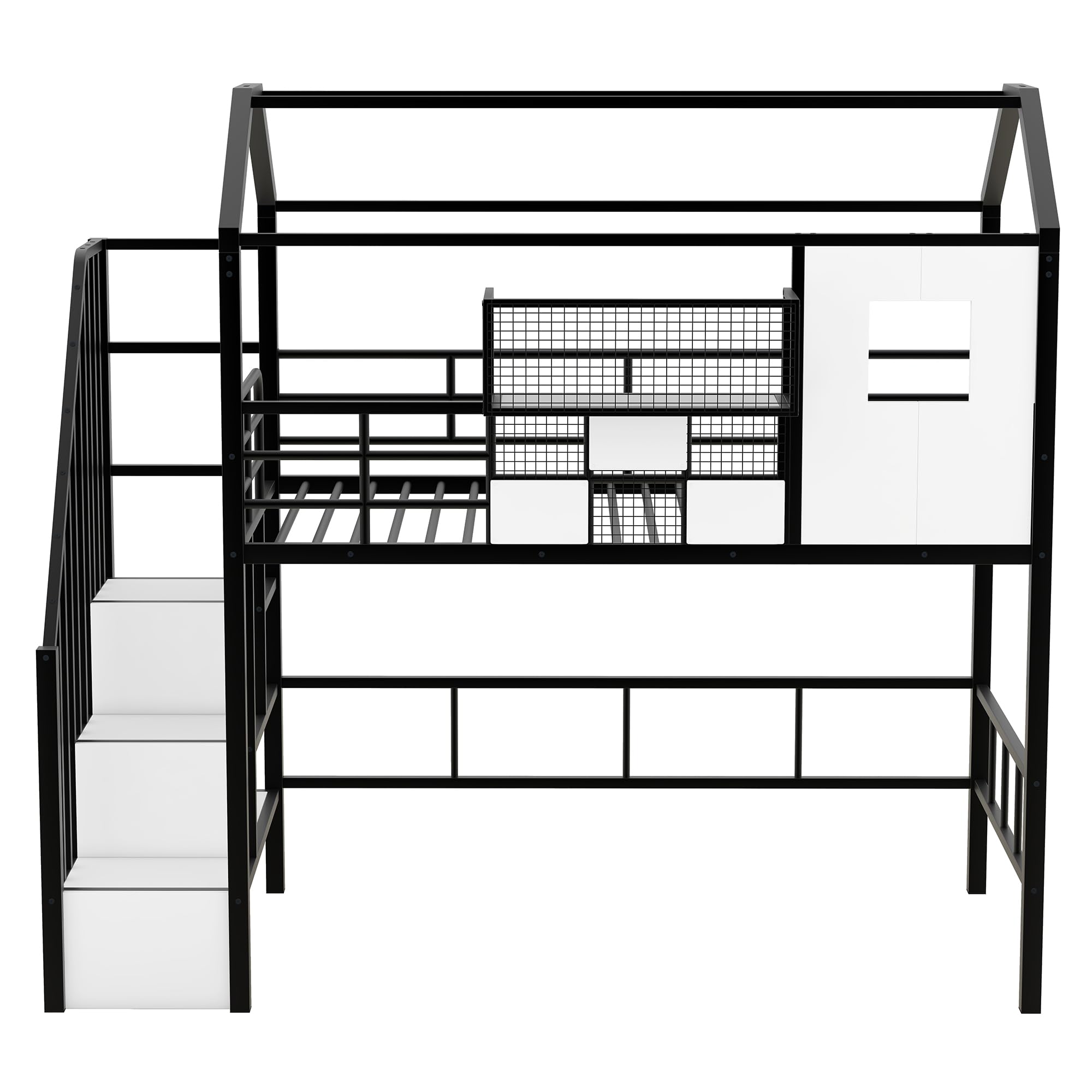 BOVZA Twin Size Metal Loft Bed with Stairs, Roof & Storage Box - Safe Kids Low Bunk Bed Frame with Guardrails for Boys & Teens - Black & White - Perfect for Small Bedrooms, Dorm Rooms & Kids' Play Areas