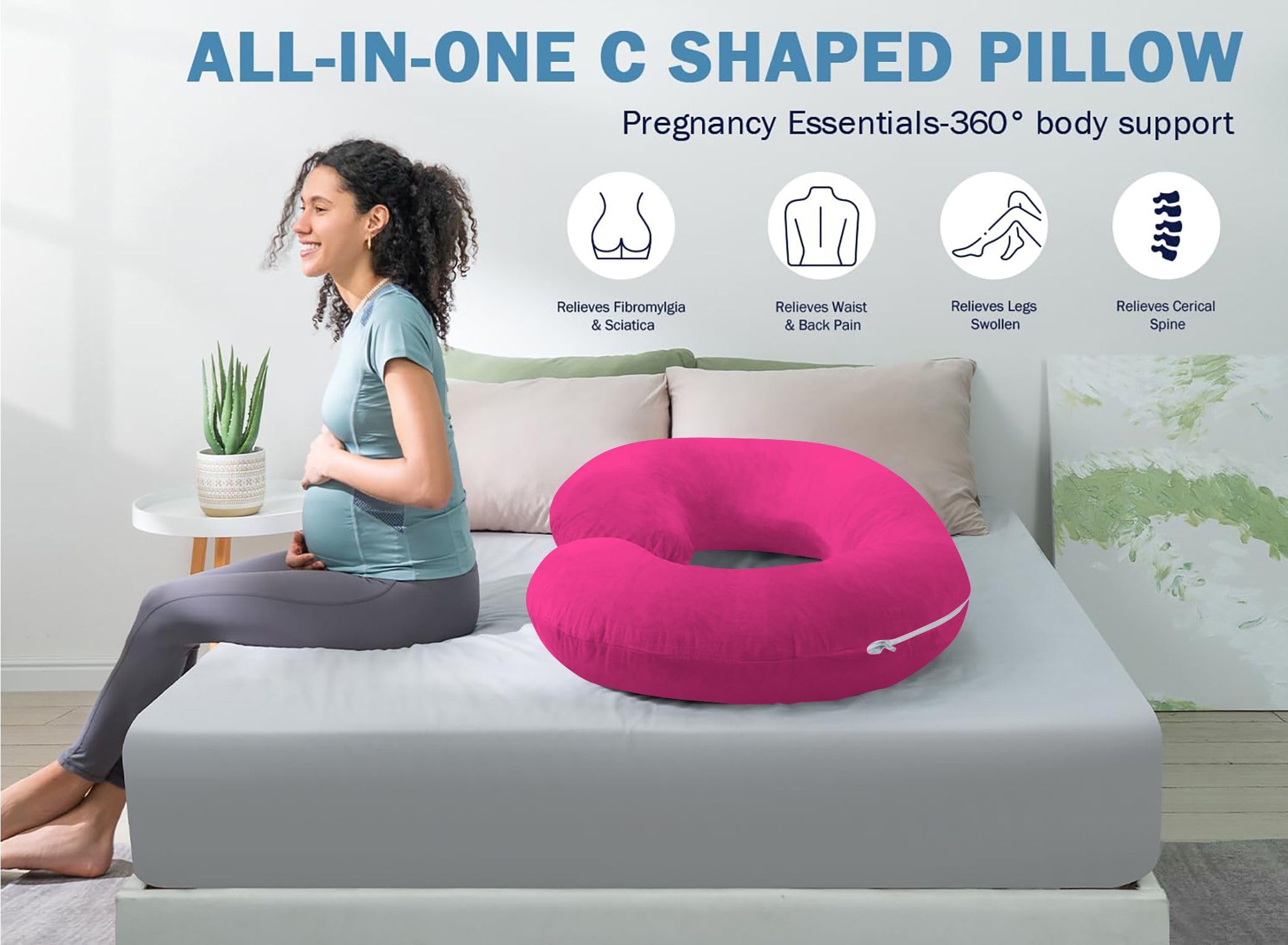 TONY'S TEXTILES 55-inch C-Shape Pregnancy Body Pillow with Egyptian Cotton Cover in Hot Pink - Maternity Support Pillow for Side Sleepers, Back Pain Relief & Comfortable Sleeping - Perfect for Pregnancy, Nursing, and Relaxation at Home