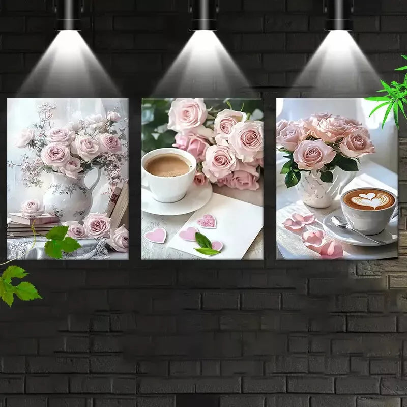 3pc Pink Rose Coffee Wall Art Set - Framed Canvas 50x70cm | High Quality Print | Australian Made | Ready to Hang | Perfect for Kitchen, Dining Room & Cafe Decor