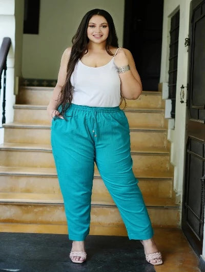 Plus Size Women's Turquoise Cotton Trousers - Comfortable Stretch Pants for Casual Wear, Office & Travel
