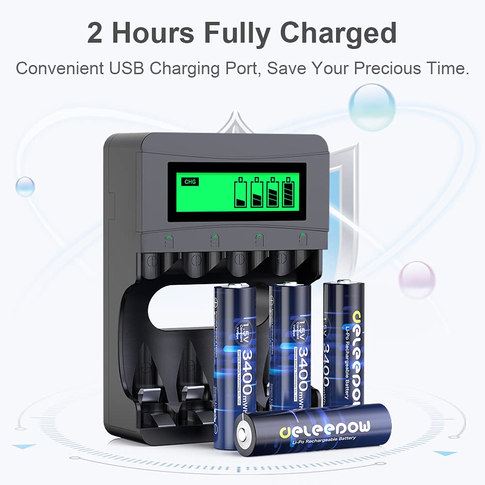 Deleepow Rechargeable AA Batteries with Charger - 3400mWh 1.5V High Capacity, 2-Hour Fast Charging, 4-Pack - Long Lasting Power for Household Devices, Cordless Phones, Remote Controls, Electronics - Perfect for Emergency Kits, Toys, Flashlights & Smart Home Gadgets