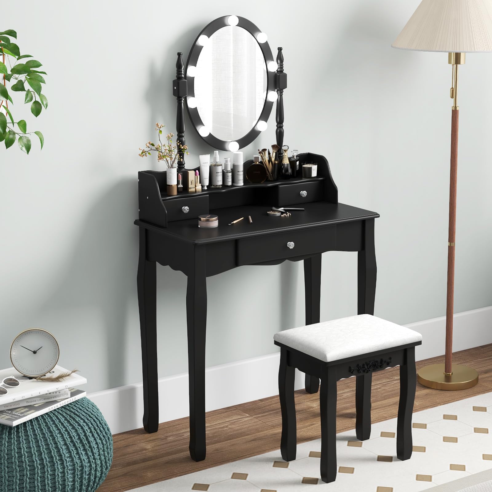 Charmaid Girls Makeup Vanity Desk with LED Lights - Adjustable Brightness & 3 Lighting Modes - Modern Vanity Table with Lighted Mirror, 3 Drawers & Stool - Perfect for Small Spaces & Bedroom Decor (Black)