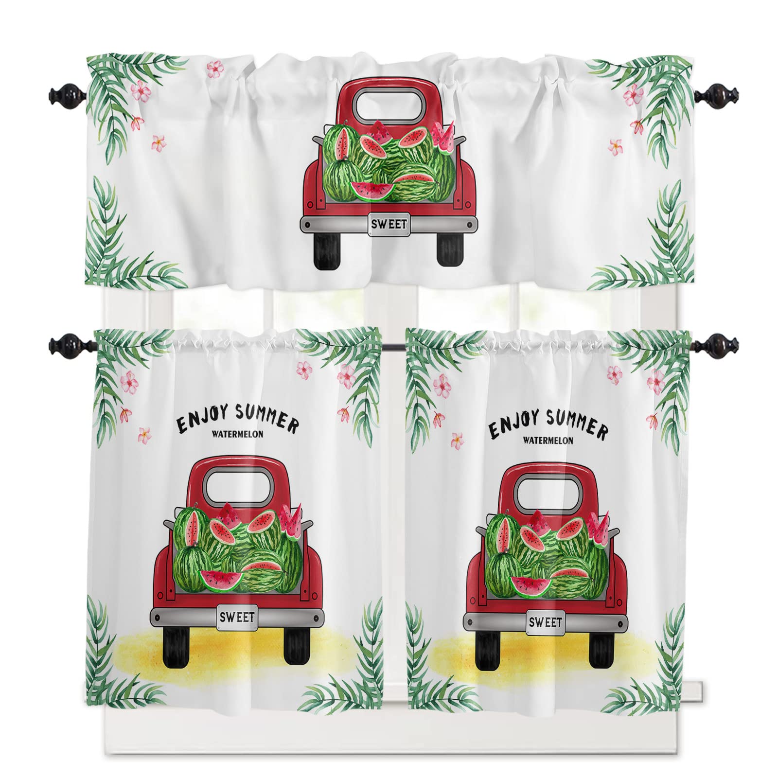 Red Truck with Watermelon Summer Kitchen Curtains Set - 24 Inch Tier Curtains & Tropical Leaf Valances for Windows, Living Room, Bedroom | Farmhouse Decor, Seasonal Home Accents