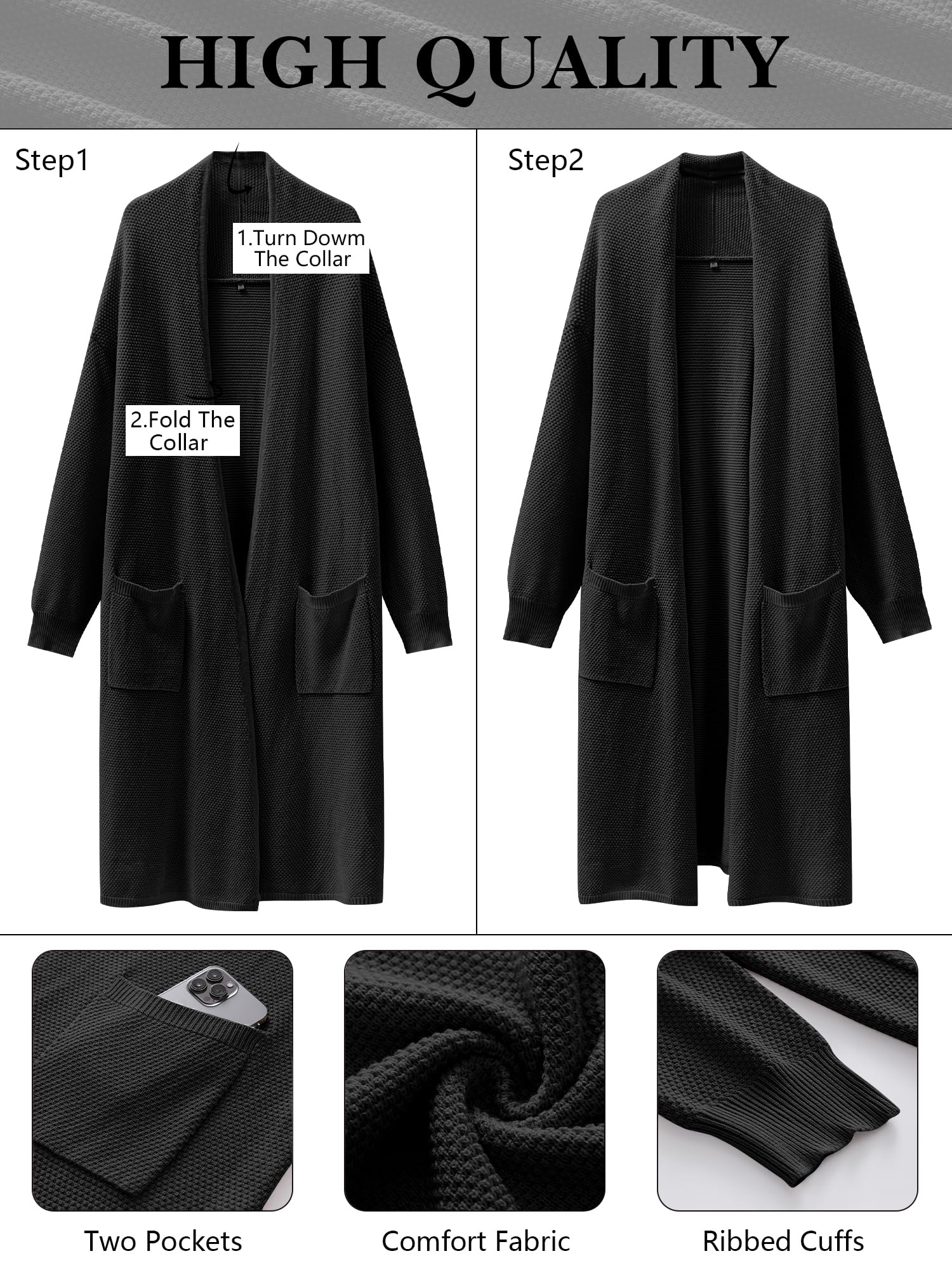 ANRABESS Women's Long Cardigan Sweater - Open Front Long Sleeve Slouchy Oversized Coat | 2024 Winter Chunky Knit Waffle Coatigan | Perfect for Casual Outfits, Office Wear & Cozy Home Lounging