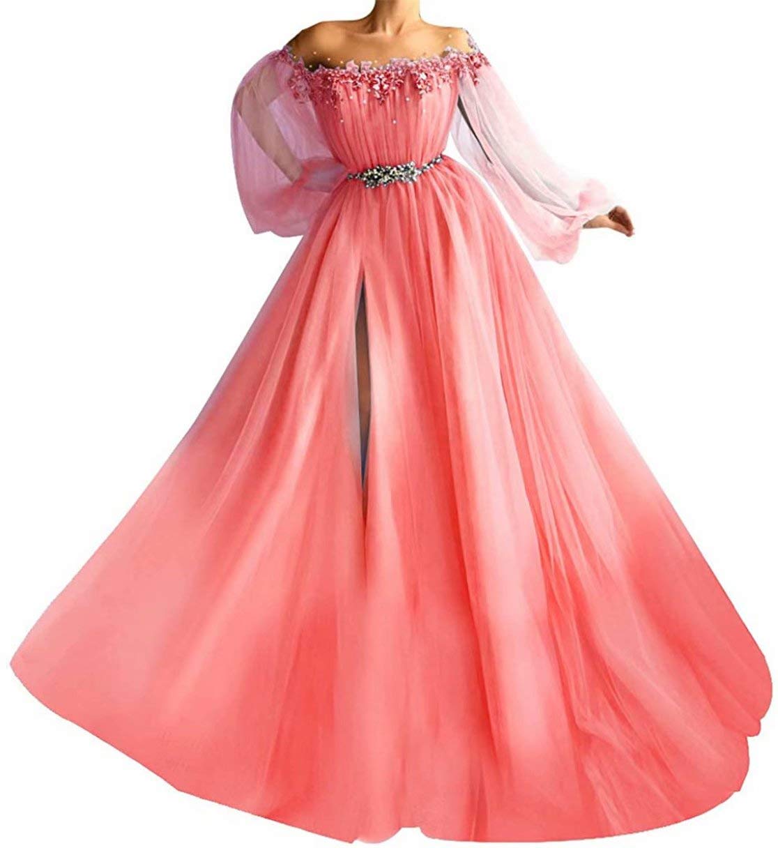 Vintage Long Puffy Sleeves Tulle Princess Prom Dress | Quinceañera Evening Gown | Custom Size Coral Ball Gown for Birthday Party & Special Occasions | Perfect for Prom, Wedding Guest & Formal Events