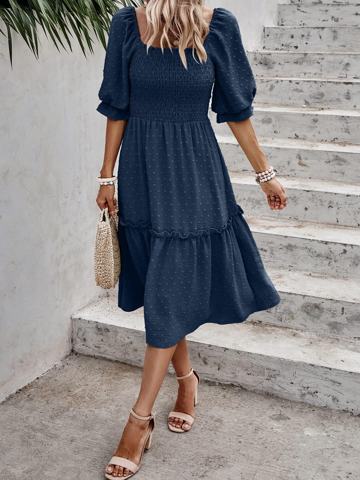 PrettyGarden Women's Summer Casual Dress 2025 - Puff Sleeve Square Neck A-Line Flowy Boho Floral Smocked Midi Dress for Beach, Vacation & Date Night