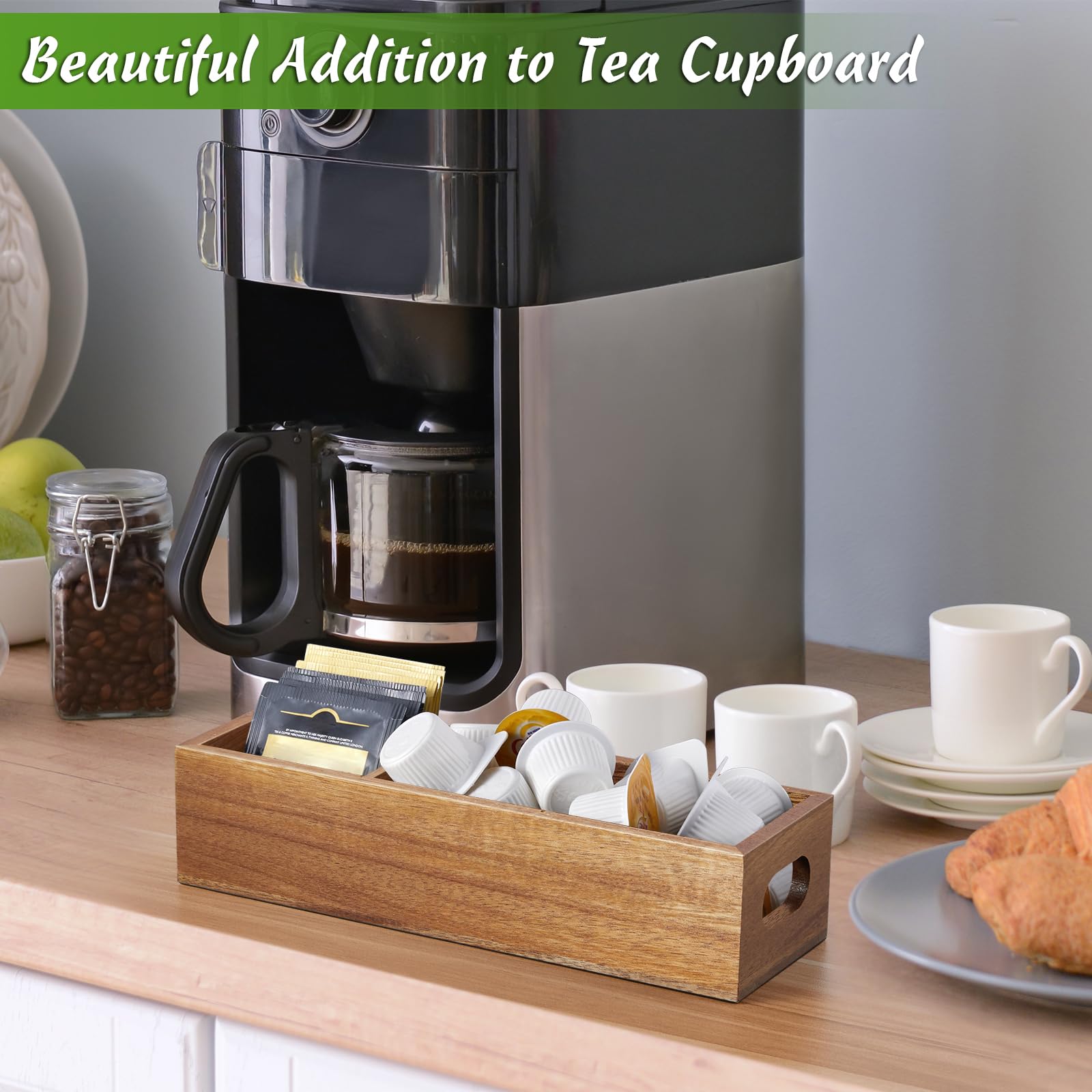 Acacia Tea Bag Holder - 3-Slot Wooden Organizer for Countertop Storage