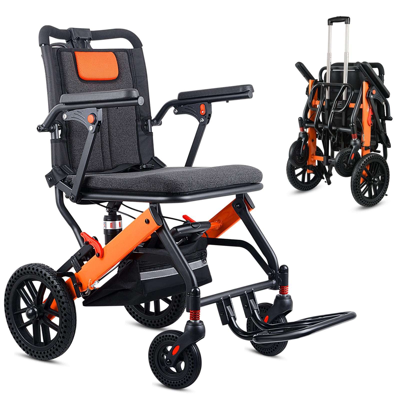 WISGING Ultra-Lightweight Folding Transport Wheelchair with Hand Brake & Travel Bag - Portable Mobility Aid for Seniors & Adults - Ideal for Air Travel, Hospitals & Daily Use (Includes Telescopic Handle)
