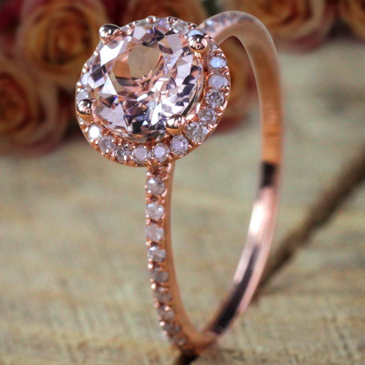 1.50 Carat Morganite Diamond Halo Engagement Ring - Round Cut Pink Morganite with 18k Gold Plating - Perfect for Proposals, Anniversaries & Romantic Occasions