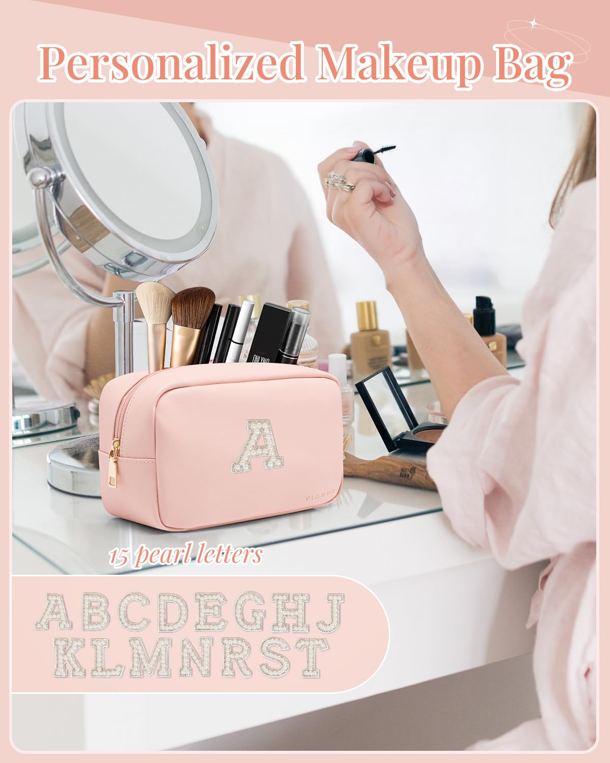 Personalized Initial Letter M Makeup Bag - Cute Cosmetic Pouch for Women, Best Graduation/Birthday Gift Idea for Teen Girls, Mom, Teacher & Bridesmaid - Perfect for Travel, School & Daily Beauty Essentials Organization