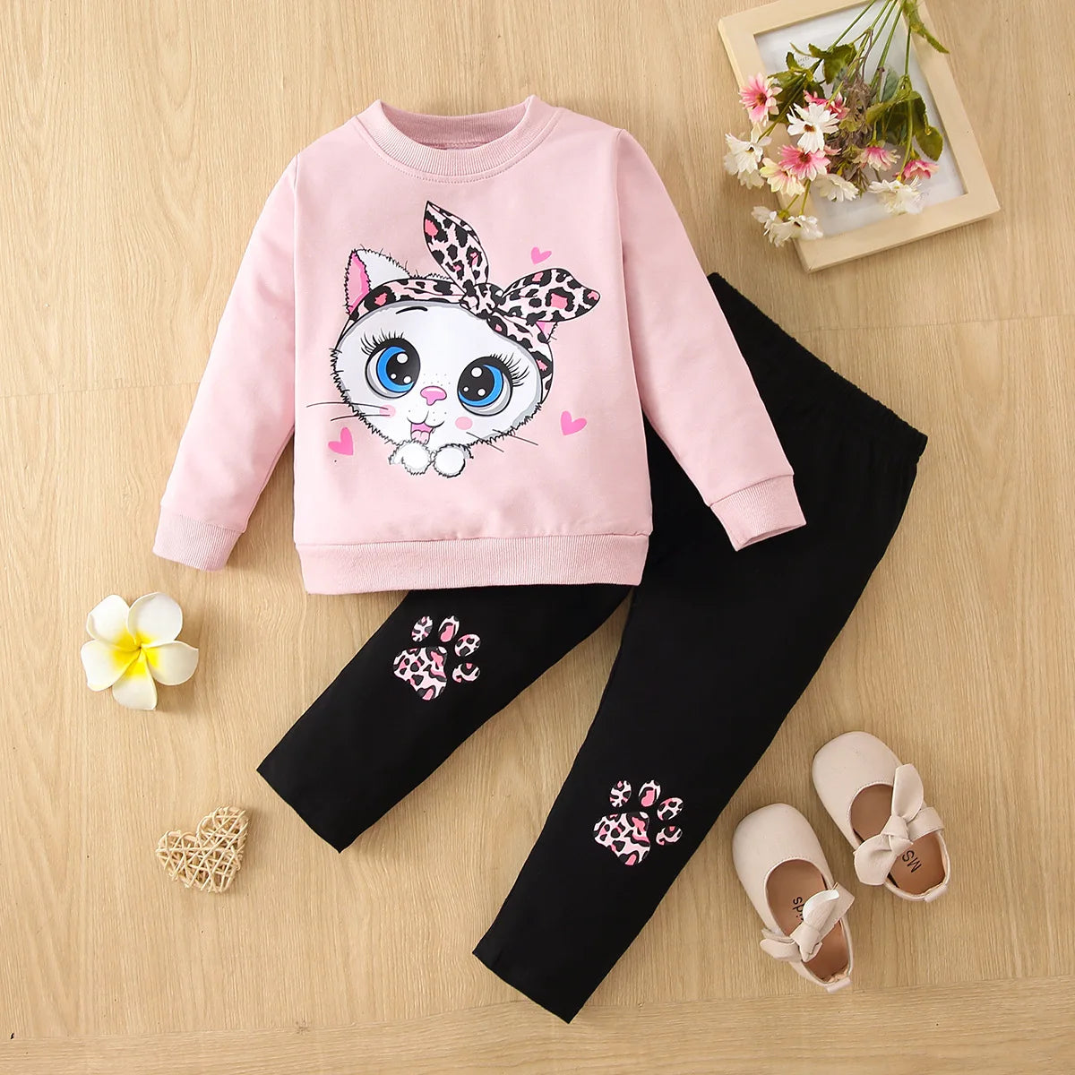 Girls' Autumn Long Sleeve Two-Piece Outfit with Bow & Big-Eyed Cat Print - Casual Cotton Kids Clothing Set for School, Playdates & Family Photos
