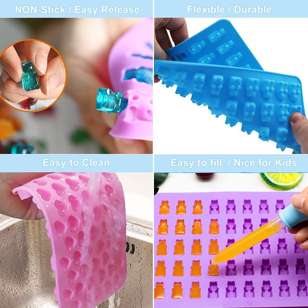 JEWOSTER 4-Piece Gummy Bear Silicone Molds Set - Non-Stick Chocolate & Candy Molds with 2 Droppers - Food Grade BPA-Free for DIY Gummies, Chocolates, Candies - Perfect for Birthday Parties, Baking, and Holiday Treats