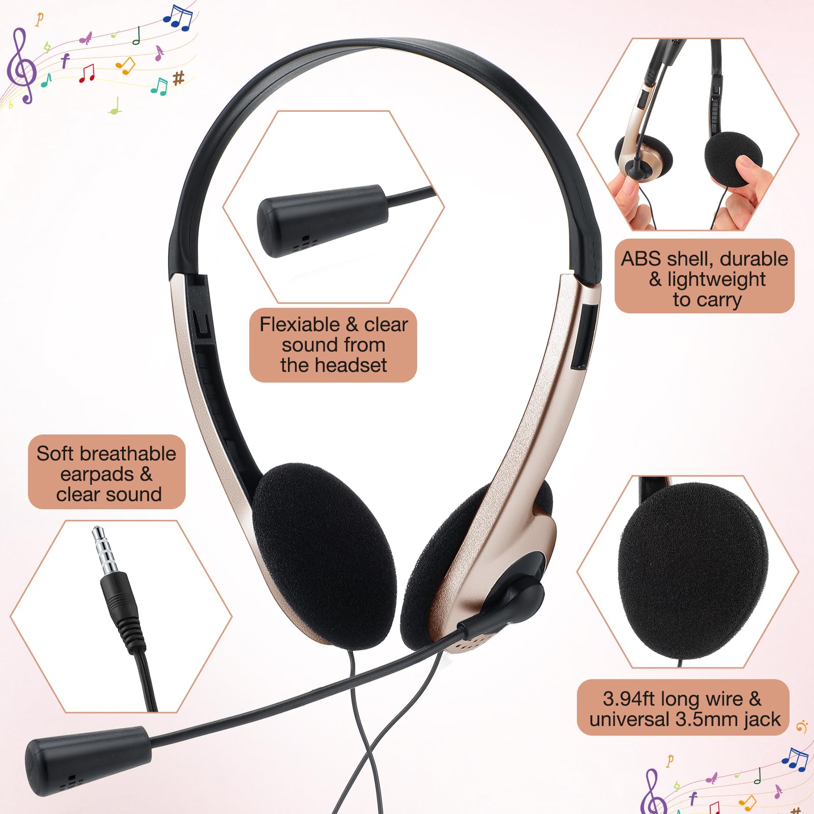 Yunsailing 30 Pack Kids Classroom Headphones with Microphone - Bulk School Headphones for Students, Lightweight Adjustable On-Ear Headphones with 3.5mm Jack (Rose Gold) - Perfect for Online Learning, School Computer Labs & Distance Education