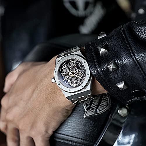 FEICE Automatic Skeleton Watch for Men - 42mm Stainless Steel Mechanical Business Wristwatch with Anti-Shock, Waterproof & Luminous Features - Sapphire Crystal Analog Watch with Adjustable Band (FM019HOT) - Perfect for Office Wear, Formal Events & Everyday Use