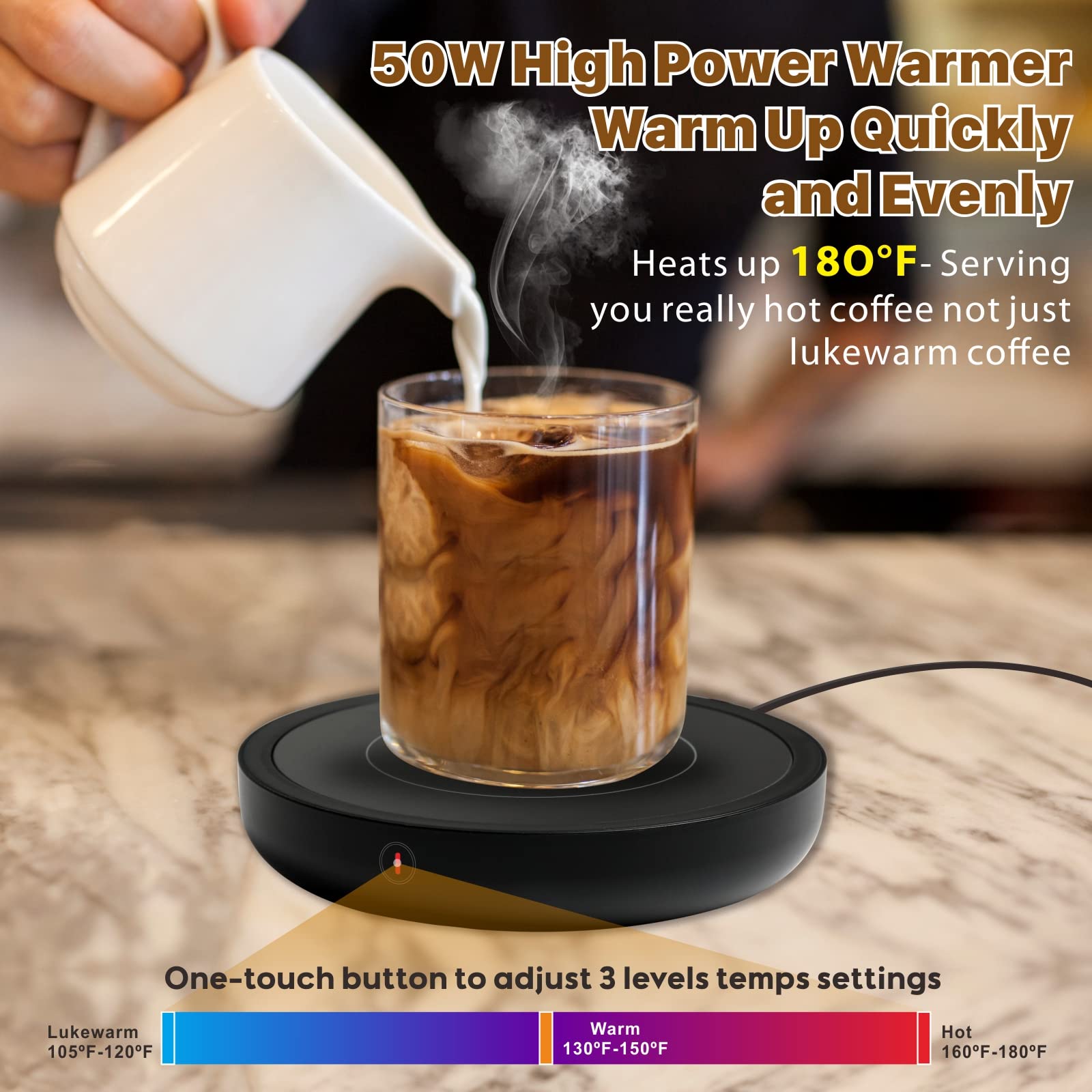 50W Smart Coffee Mug Warmer with Auto Shut Off - 3 Adjustable Temperature Settings (105-180°F) - Waterproof Electric Cup Warmer for Coffee, Tea & Milk - Perfect for Office, Home & Desk Use (Black)
