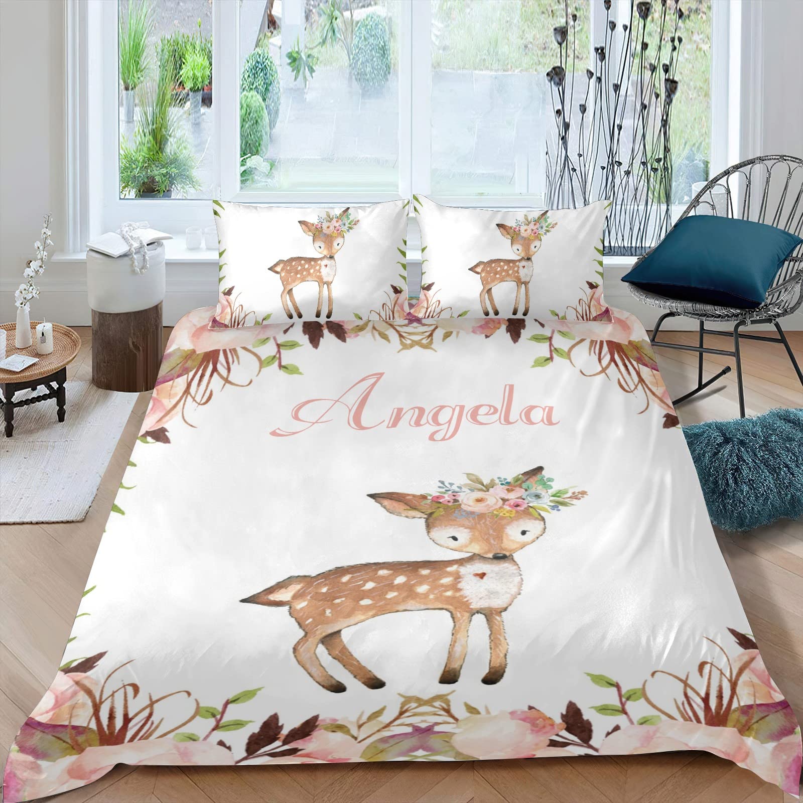 Personalized Deer Woodland Floral Duvet Cover Set with Name - Queen Size Bedding Set Includes 2 Pillowcases (Comforter Not Included) - Perfect for Rustic Cabin, Nursery, or Farmhouse Bedroom Decor