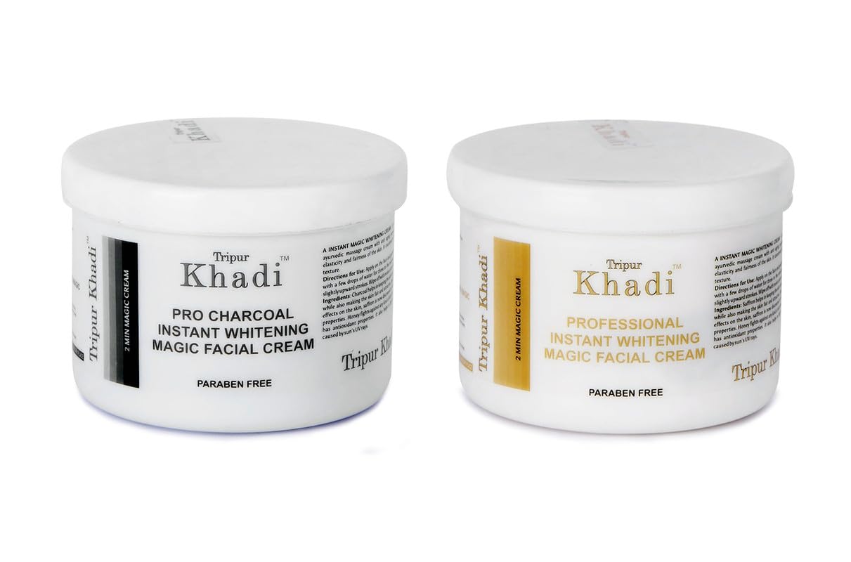 Tripur Khadi Kesar Extract & Pro Charcoal Instant Whitening Facial Cream Combo - 2 Pack (200g Each) | Brightening & Detoxifying Face Care for Glowing Skin | Perfect for Daily Skincare Routine & Special Occasion Prep