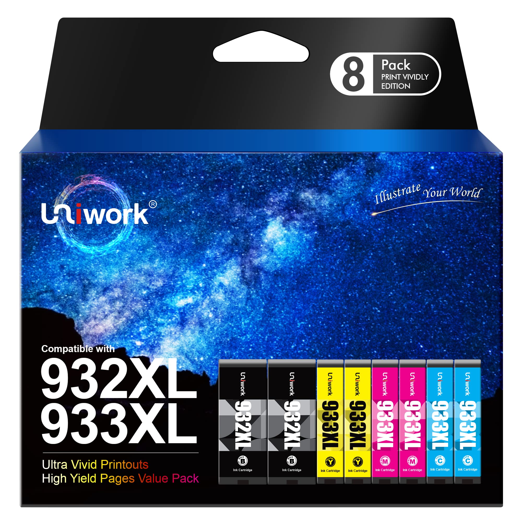 HP 932XL 933XL Compatible Ink Cartridge Replacement (2 Black 2 Cyan 2 Magenta 2 Yellow) for Officejet 6600 6700 6100 7612 7610 7110 Printers - High-Quality Printer Ink for Home & Office Use