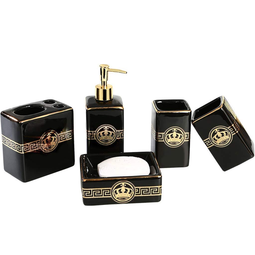 5-Piece Black Ceramic Bathroom Set - Toothbrush Holder, Soap Dish, 2 Mouthwash Cups & Lotion Bottle | Modern Bathroom Accessories for Countertop Organization | Perfect for Home, Apartment & Guest Bathroom Decor
