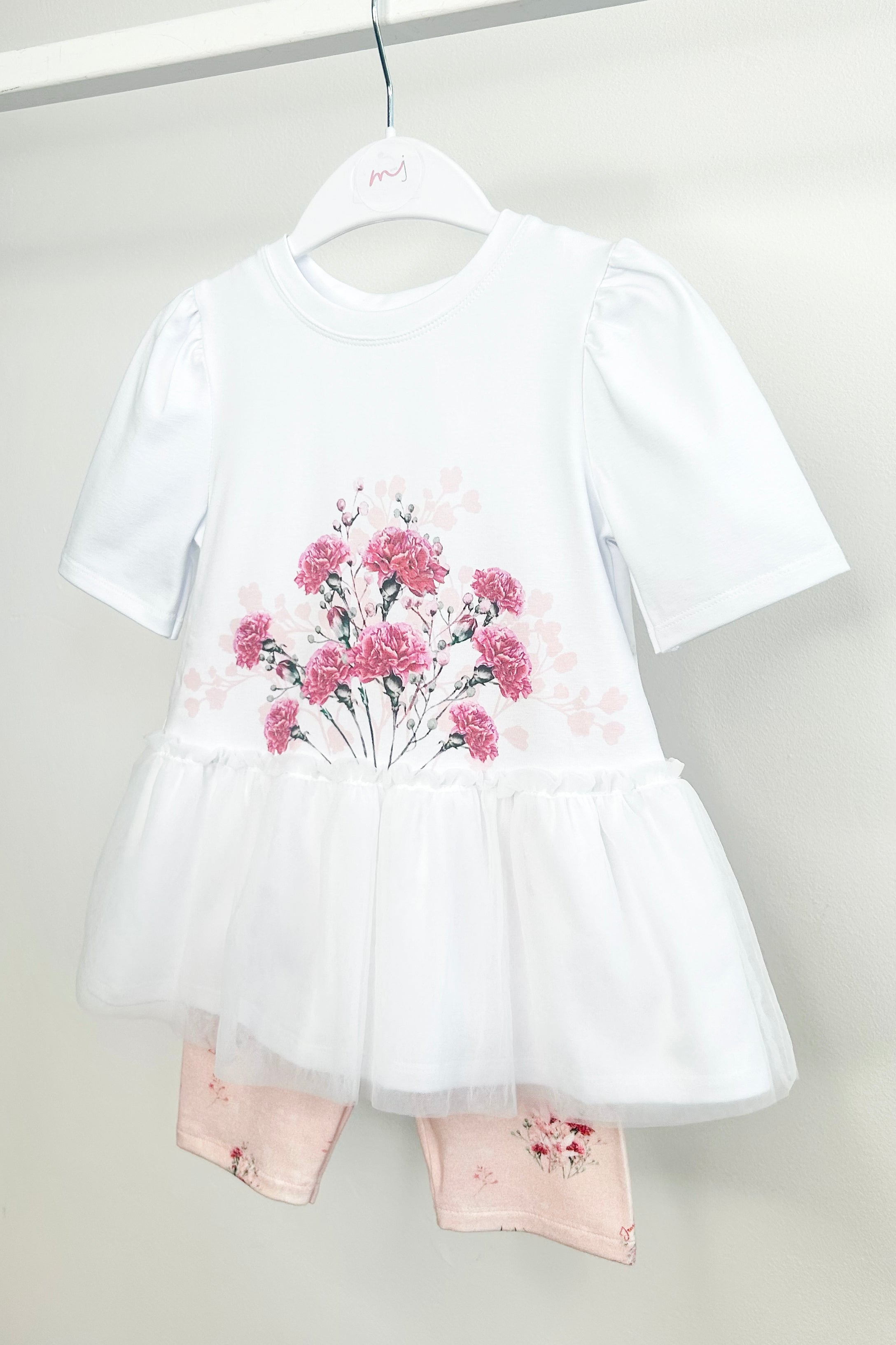 Zola White & Fuchsia Floral Tulle Top & Biker Shorts Set - Women's Trendy Workout Outfit for Yoga, Gym & Summer Streetwear