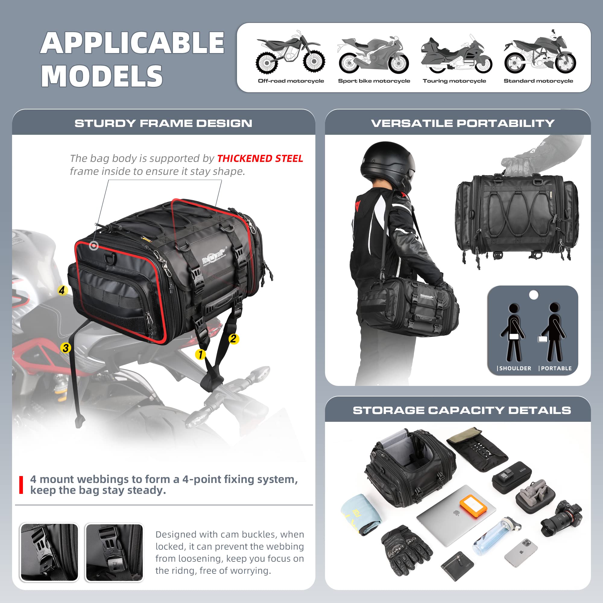 Rhinowalk 26L Expandable Waterproof Motorcycle Tail Bag with Rain Cover & Straps - Durable Travel Luggage for Motorbike Helmet Storage & Adventure Riding