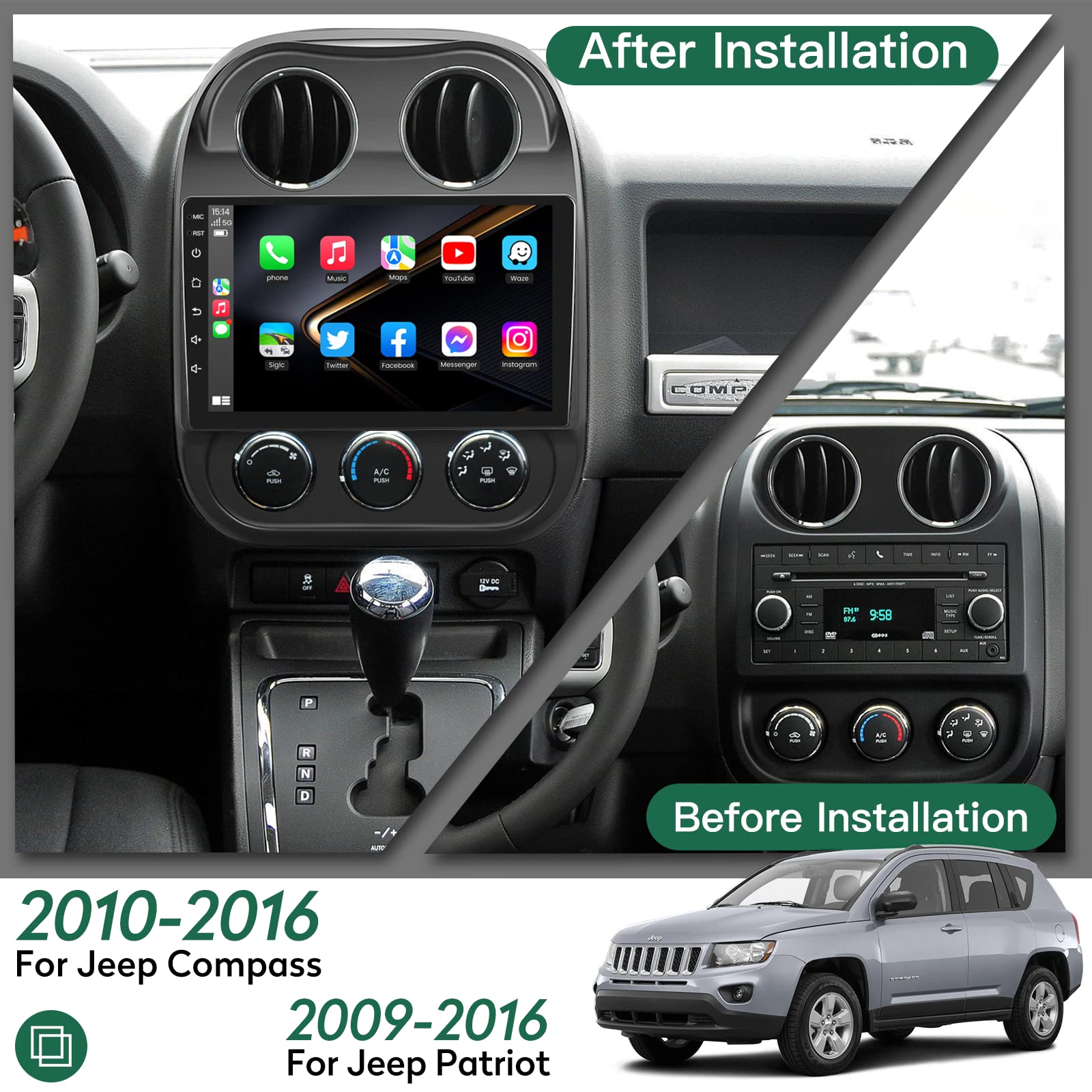 5G Wi-Fi 1280x800 HD Android 12 Car Stereo (2GB RAM + 32GB ROM) for 2010-2016 Jeep Patriot & Compass - Built-in CarPlay & Android Auto, Bluetooth 4.0, GPS Navigation, Backup Camera & Steering Wheel Control - Perfect for Road Trips & Daily Commuting