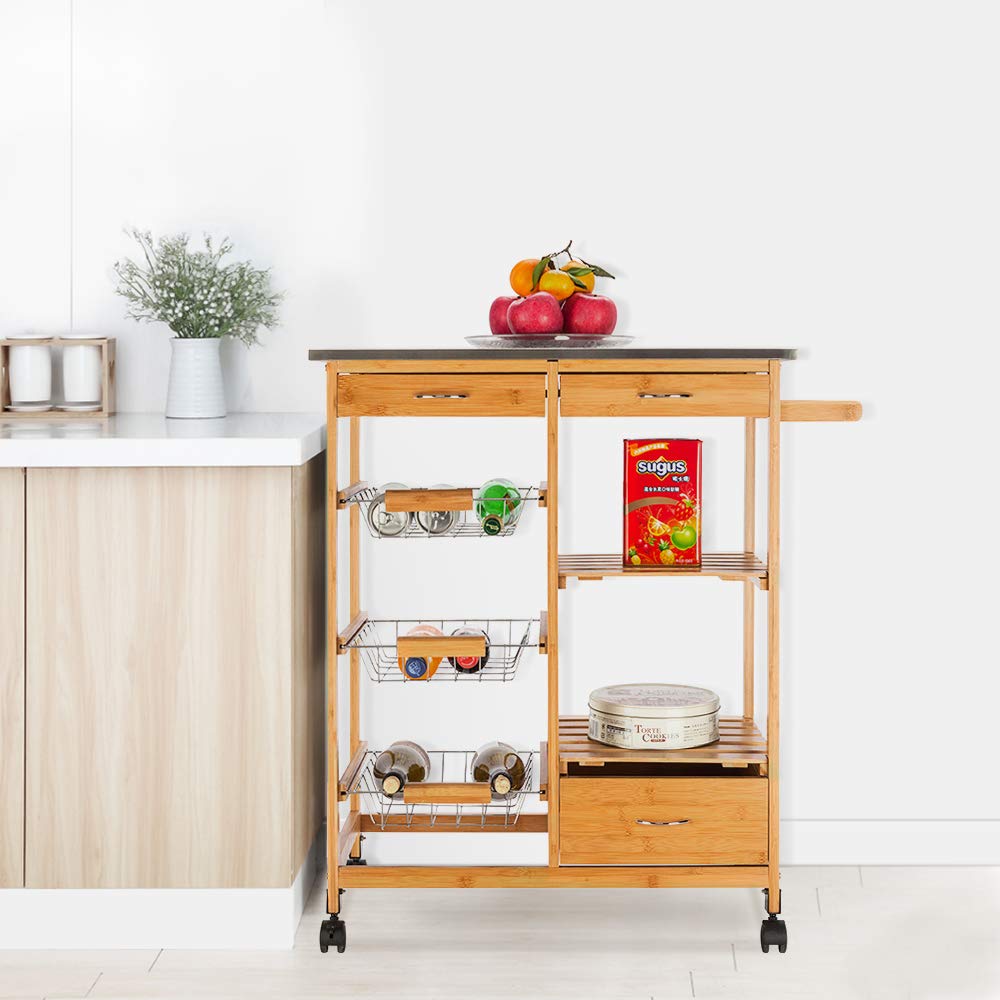 Stainless Steel Kitchen Island Cart with Bamboo Top - Rolling Trolley with Storage Baskets, Wine Rack & Drawers - Perfect for Microwave Stand, Cocktail Bar & Small Space Kitchen Organization