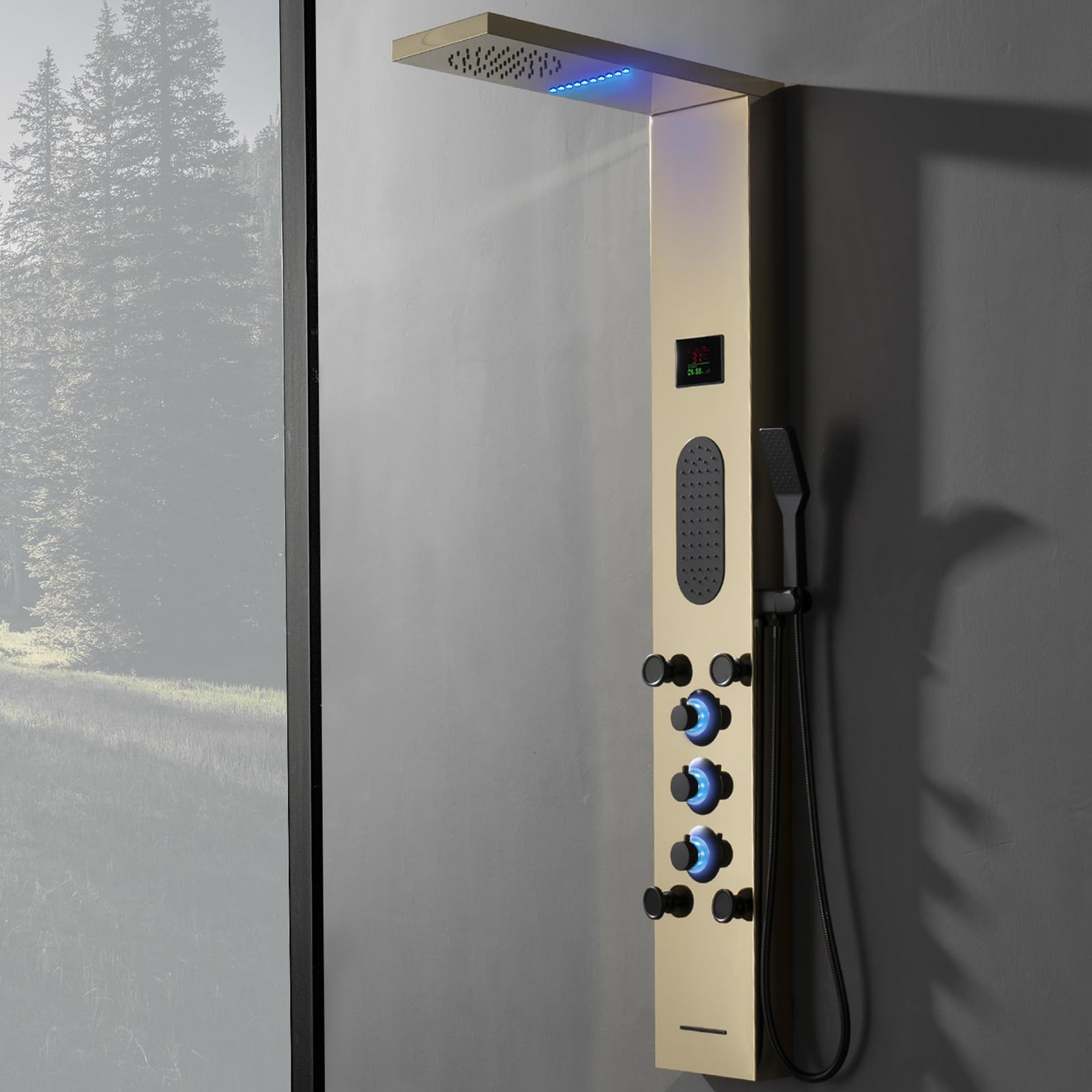 BWE Polished Gold LED Shower Tower System - Rainfall Shower Head with Massage Jets & Temperature Display - Stainless Steel Bathroom Fixtures for Spa-Like Luxury Shower Experience