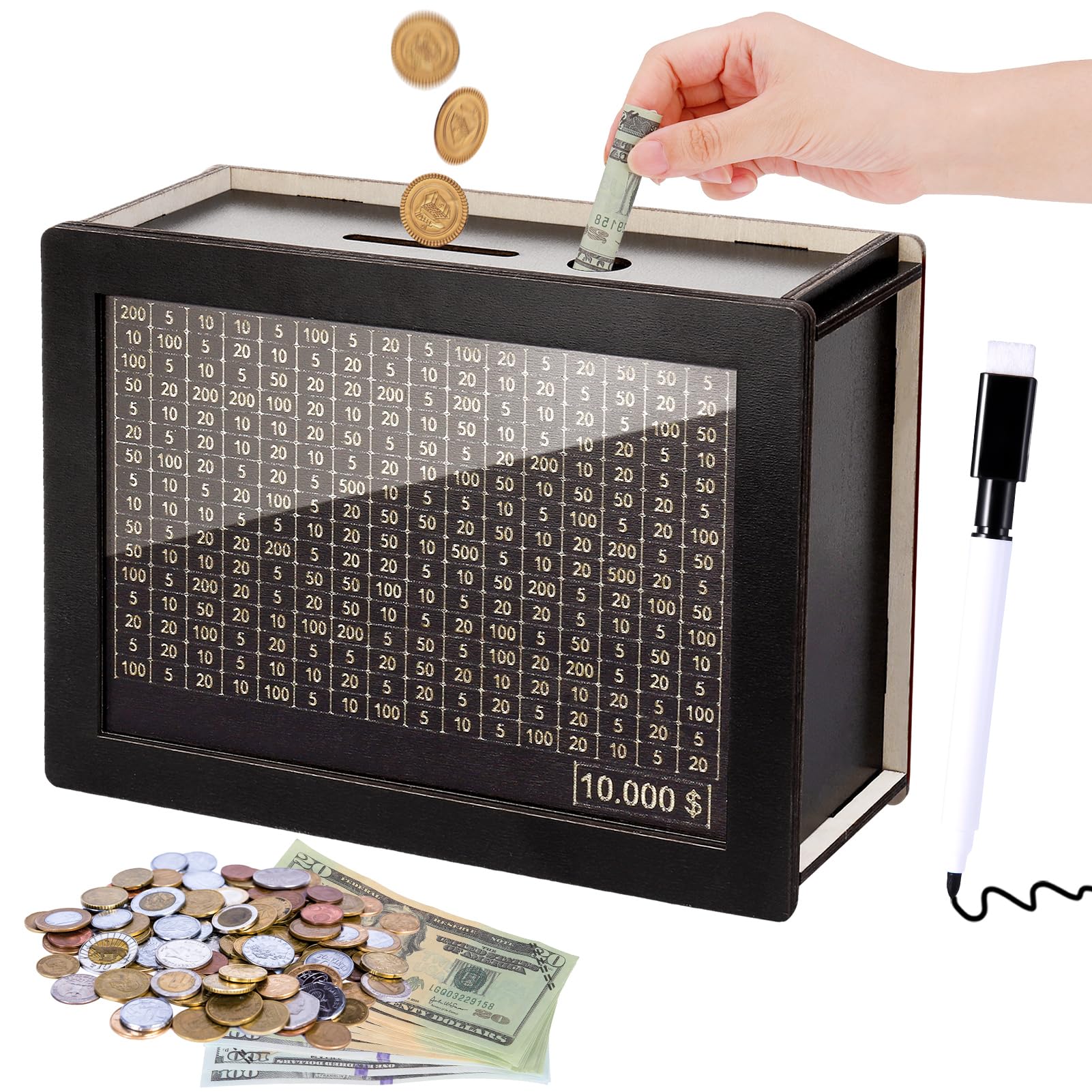 Wooden Cash Vault Savings Box with Digital Counter - Retro Money Saving Bank for Kids & Adults (10,000 Challenge, Black) - Perfect for Home Budgeting, Piggy Bank Alternative & Financial Education Gift