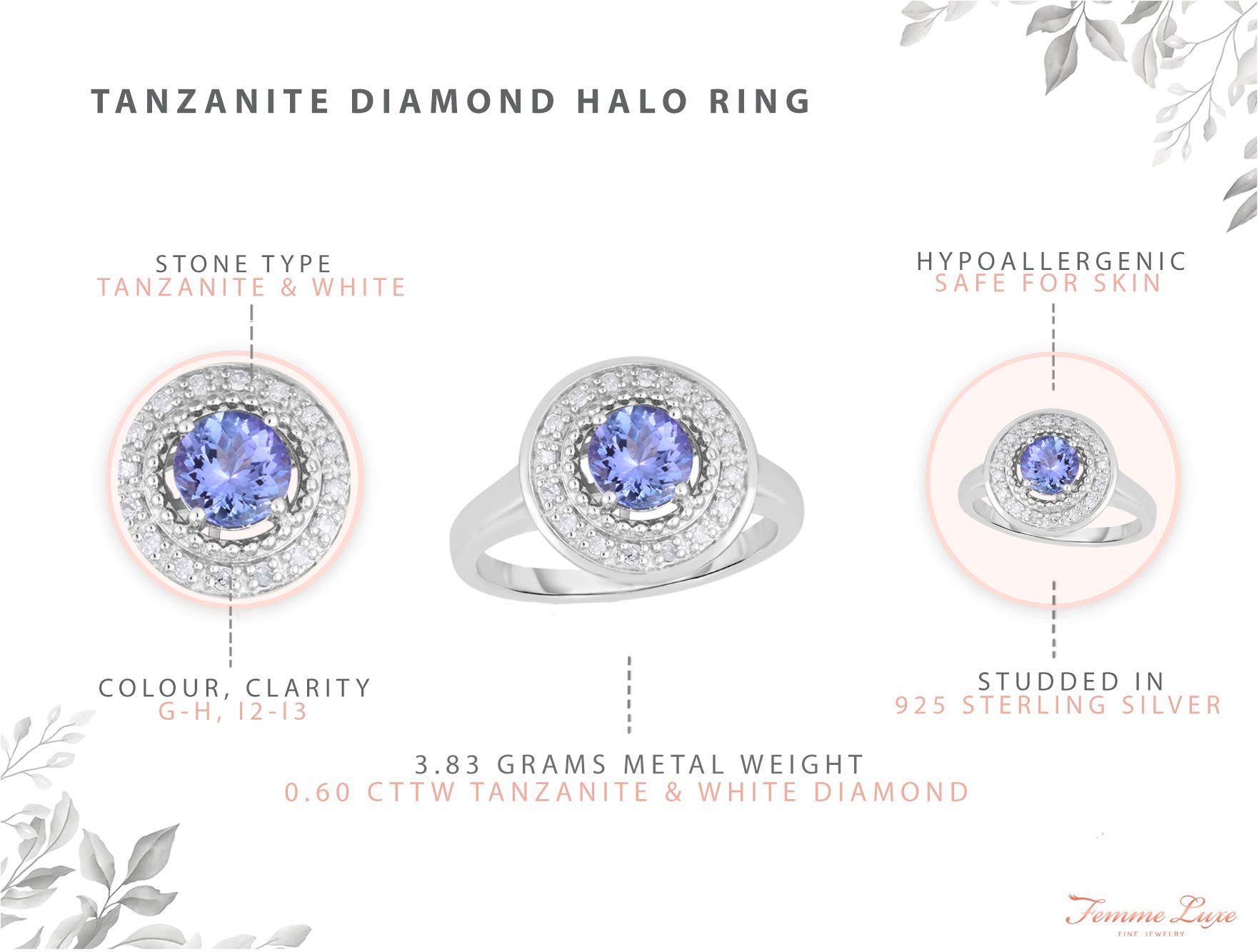 Genuine Tanzanite and Diamond Halo Ring for Women - 925 Sterling Silver Engagement Ring, Wedding Band, Anniversary Gift for Wife, Girlfriend - Perfect for Valentine's Day, Birthday, Christmas & Special Occasions